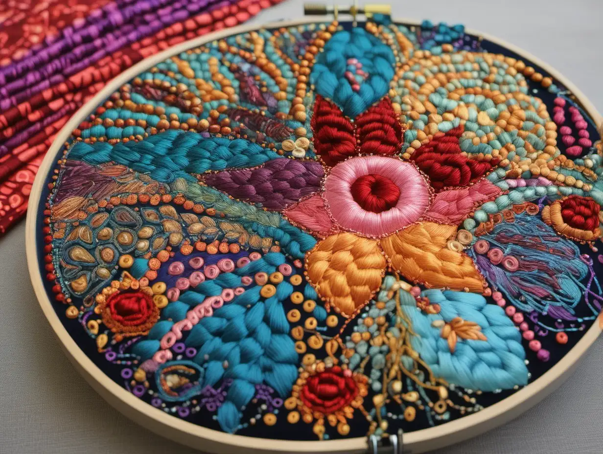 multicolor embroidery and bead project with fabric totally covered