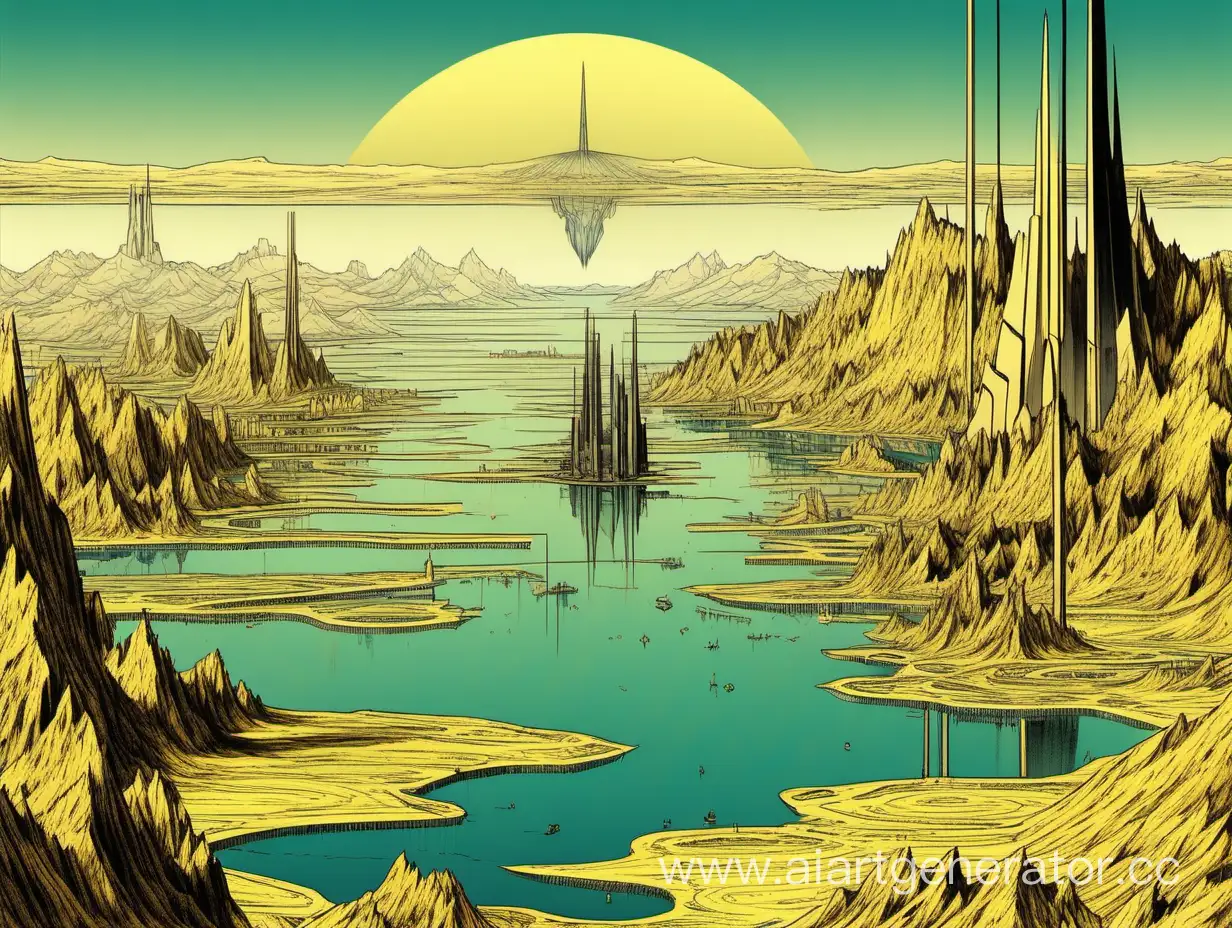 landscape of an unknown planet, lagoon, yellowish surface, high mountains around the water, a city in the lagoon, many alien buildings, constructivist architecture, buildings located on the slopes of mountains, descend to the water, high quality, detailed, day