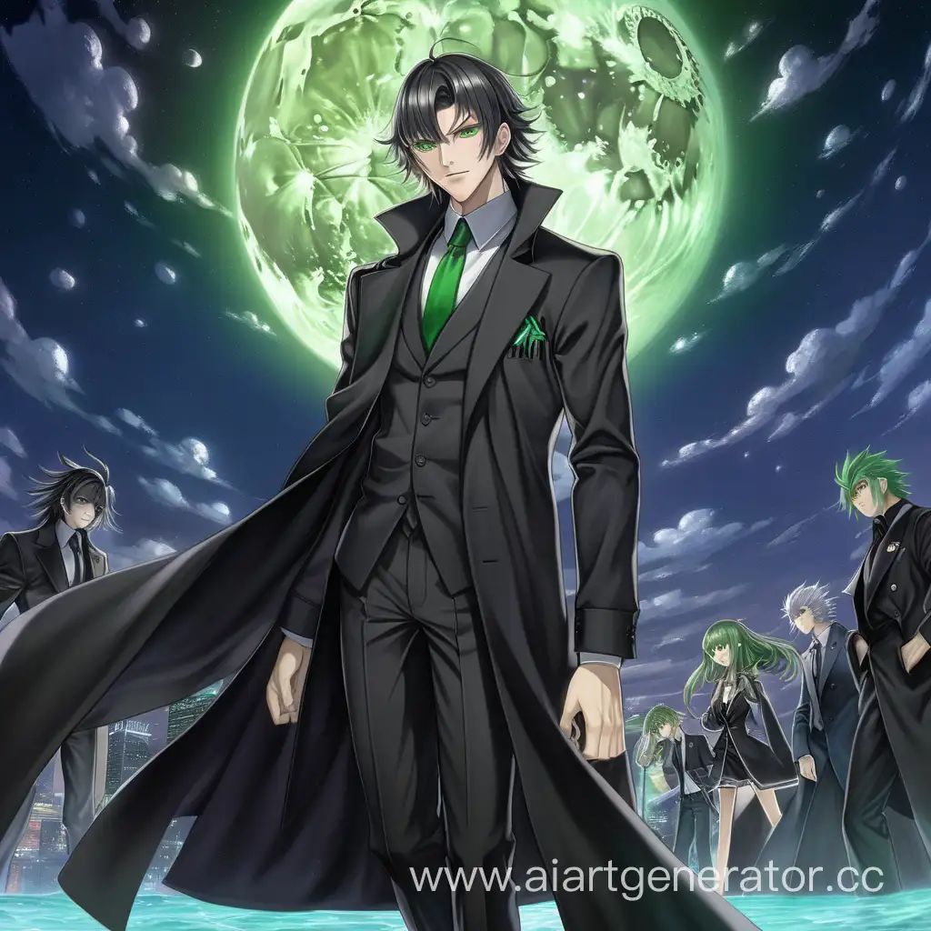 The Villain Of The Anime Is A Man With The Physique Of A Professional Swimmer, The Tips Of His Hair Are Slightly Wavy Reaching The Shoulder Blades Of His Back, Poisonous Green Eyes, In A Black Trench Coat, In A Strict Dark Black Suit, Green Shirt, Black Vest With A Pattern, Dark Black Tie, Dark Shoes, At Night With A Full Moon And In The Starry Sky, Surrounded By Monsters Under His Control.