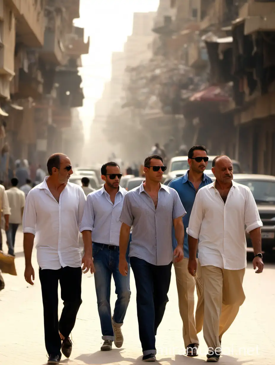 Group of Four Men Walking through Bustling Streets of Cairo