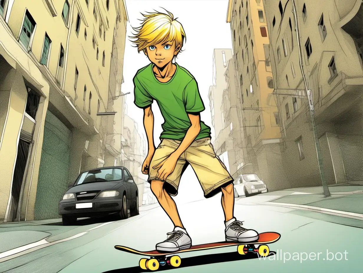 the teenage guy little bit muscles is blond with medium hair, green eyes, a sharp chin, with a sly smile, 173 cm tall and weighing 76 kg, athletic build in a white T-shirt with an atom painted on it and beige shorts, breaks his skateboard in half in a jump, action, dynamic pose. All this is in the style of modern graphic novel