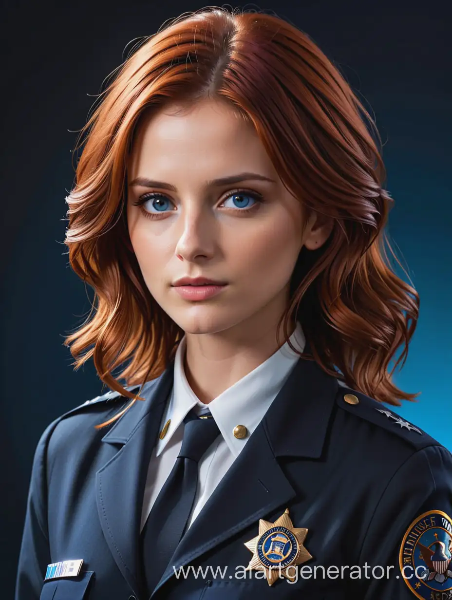 image of a girl with red hair, a young girl, looks like the actress Stana Katic, blue eyes, clear lips, in the style of real life, light body and dark blue, in the background, full-length, FBI uniform,stern look, realistic pictures, animated gif files -ar 71:128 -stylize 750 -v 6