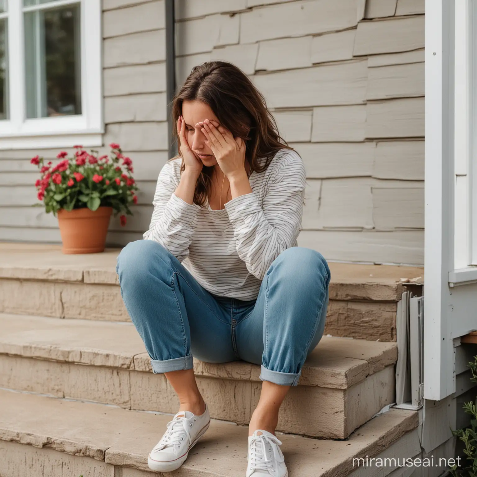 woman sitting with her head in her hands on the front step of her home 