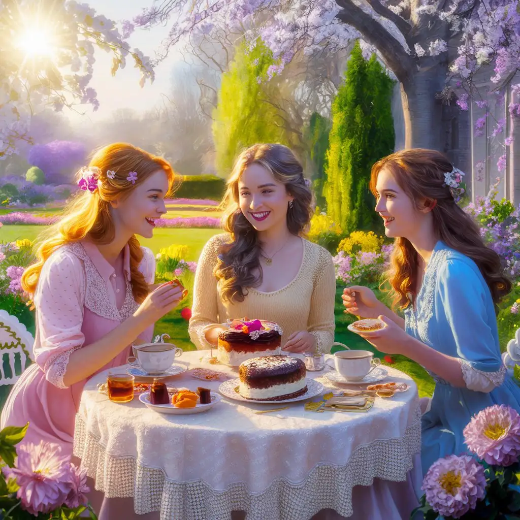 Красивые подруги завтракают утром в саду весной. Стол накрыт красивой скатертью. На столе чай и тортик, варенье. Подруги радостно общаются и улыбаются. Ярко светит солнце.