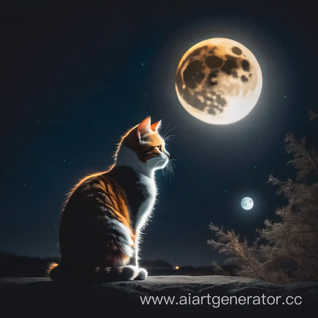 трёхцветная кошка сидит и смотрит на светящуюся луну в темноте