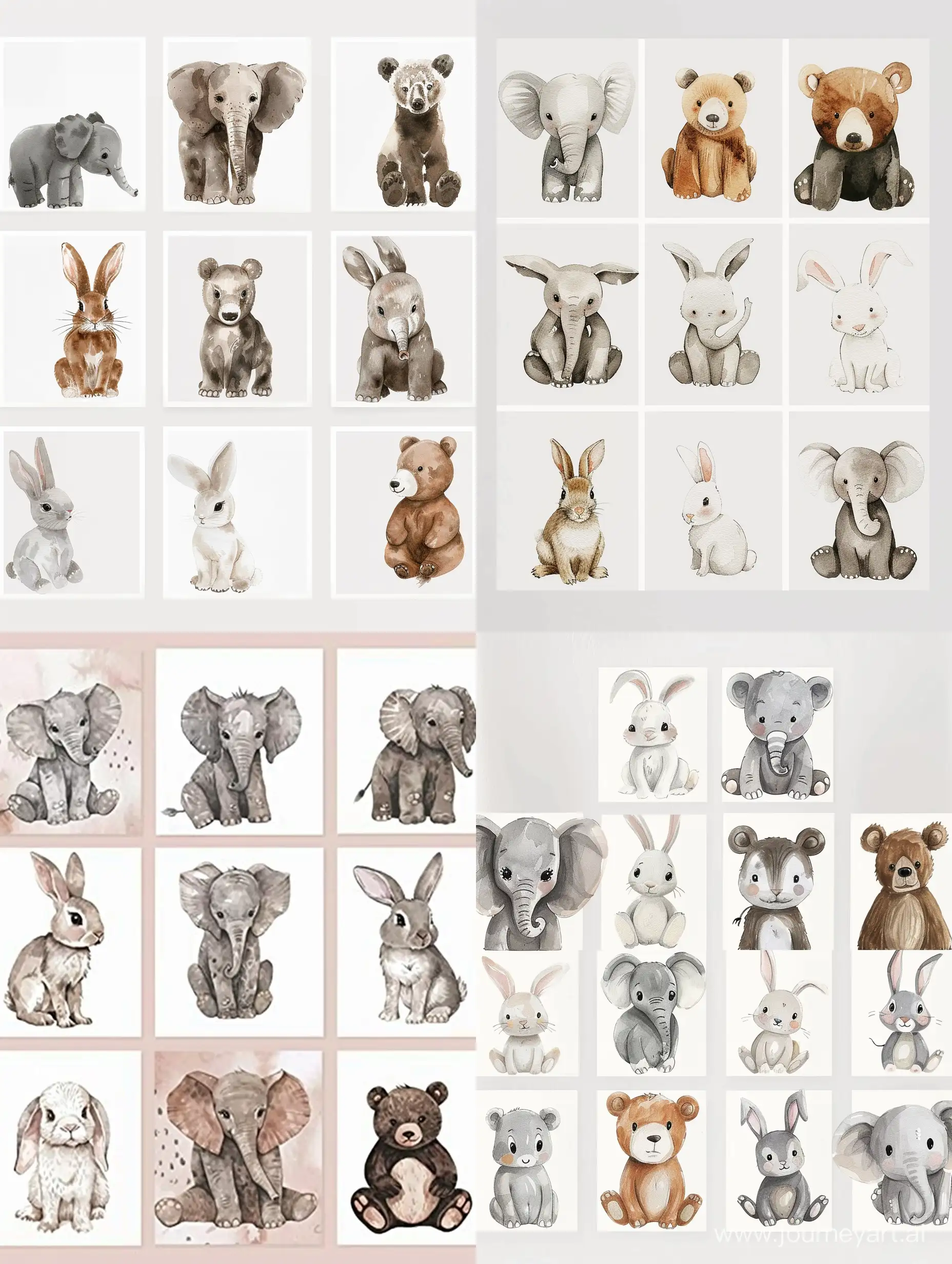 Design a set of adorable nursery wall art prints featuring hand-painted animals like elephants, rabbits, and bears in a minimalist style, perfect for creating a charming and playful atmosphere in the room.