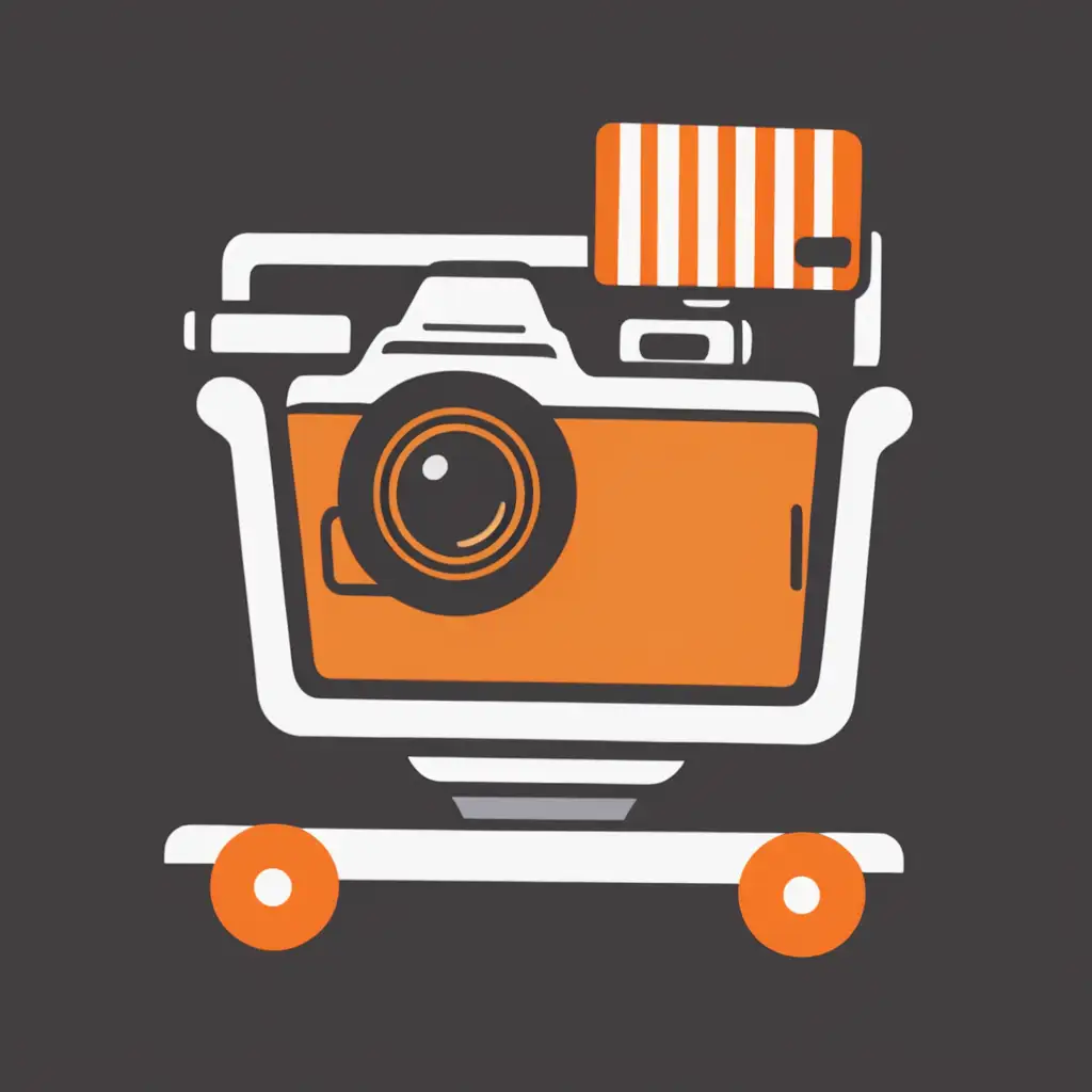 logo, cute camera computer scanning a cart, orange accents, transparent background