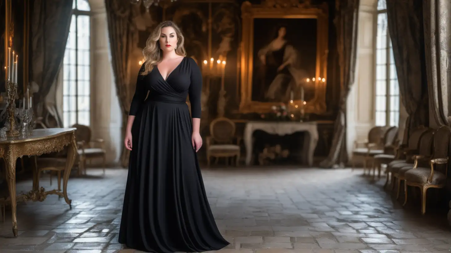 beautiful, sensual, classy elegant plus size model wearing a v-neck black dress with a slightly flared skirt that ends just below the ankles, slightly flared long skirt, skirt is made from the same black fabric as top, fitted black bodice, v-neck surplice  bodice, long fitted sleeves, empire defined waistline with a waistband tonal to the dress, hair is flowing, luxury photoshoot inside a magical winter castle in France, winter decorations inside the rooms in the castle, antique background