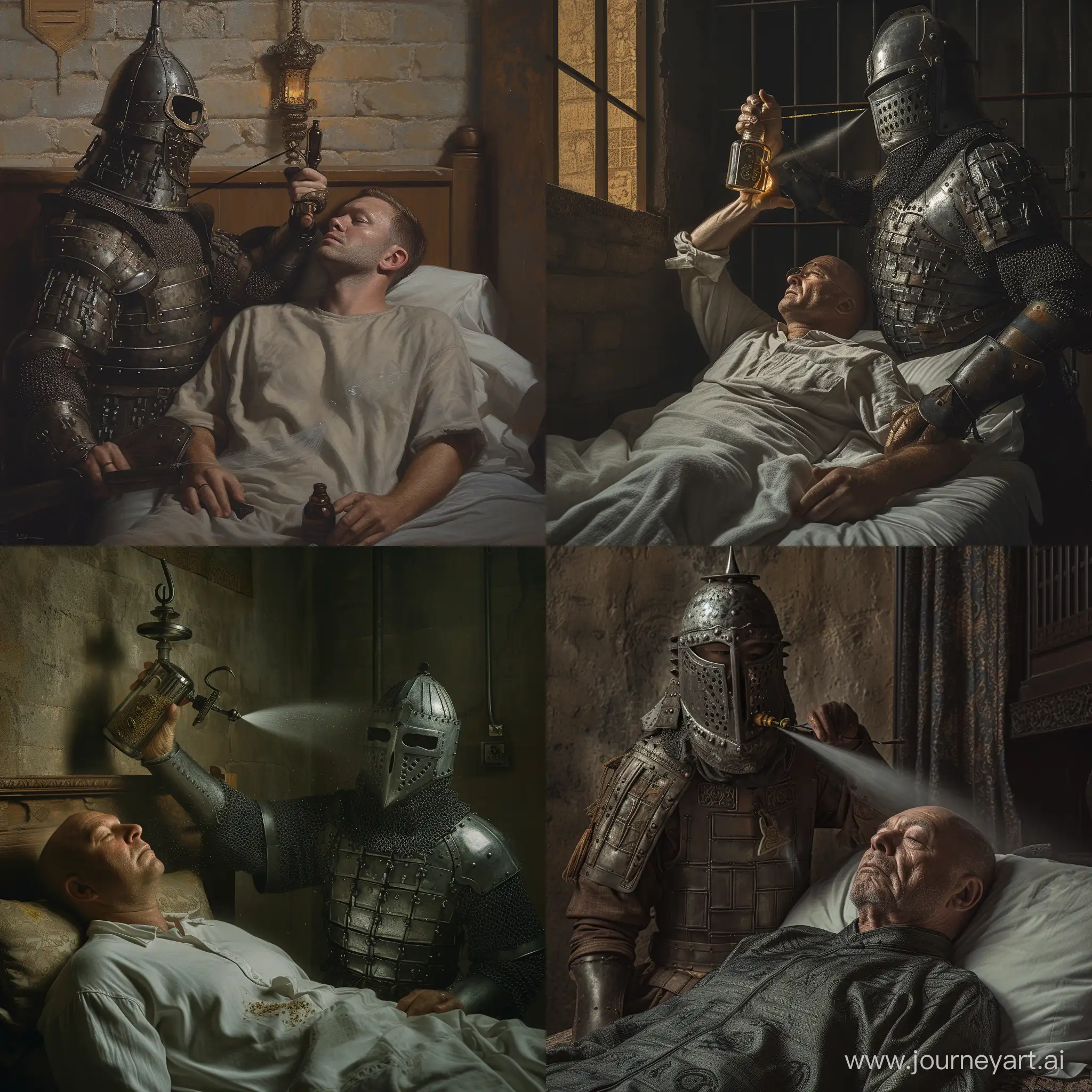 Realistic. Sam Bankman-Fried lying on bed in a luxury prison cell. He is being sprayed with seed oils by a Medieval Chinese warrior in metal armor with visor helmet.