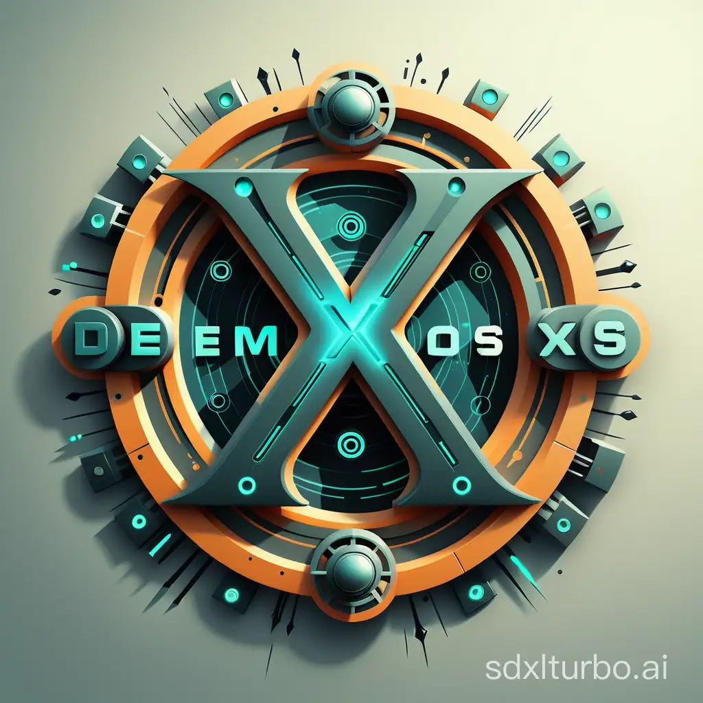 create text logo from "Demos X" inside an artistic scifi with creative design decoration, front view