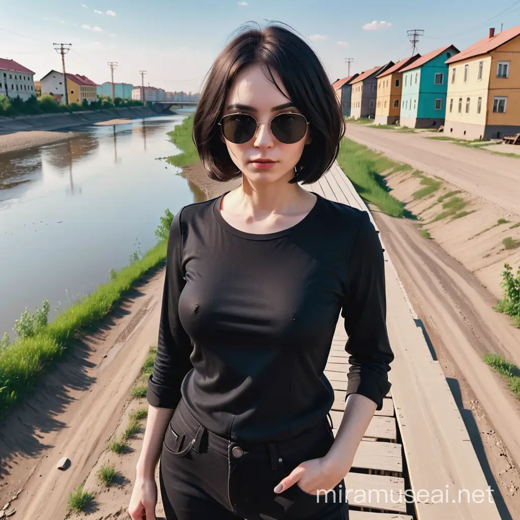 Mysterious Woman in Black overlooking Vorkuta River