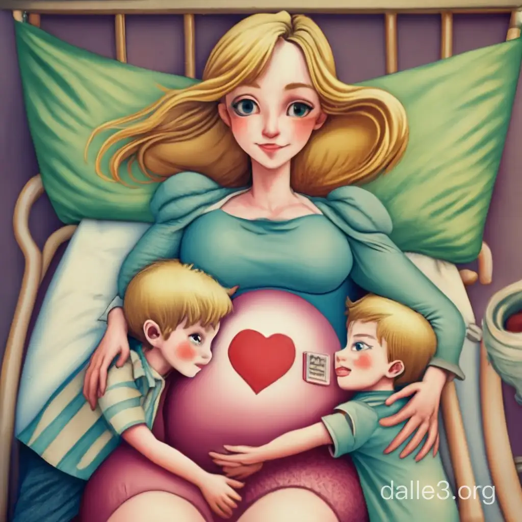 (vintage anime) birthday blonde expectant mother hospital bed with little son hugging his mommy's belly in (baby kicking)