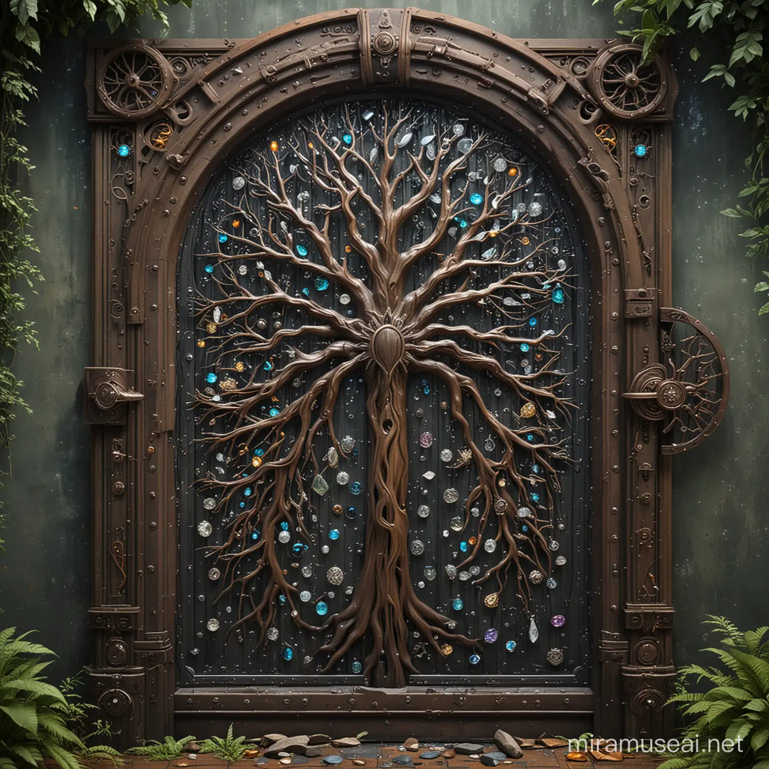 Intricate Steel Door Mechanism with Falling Star and Crystal Magic