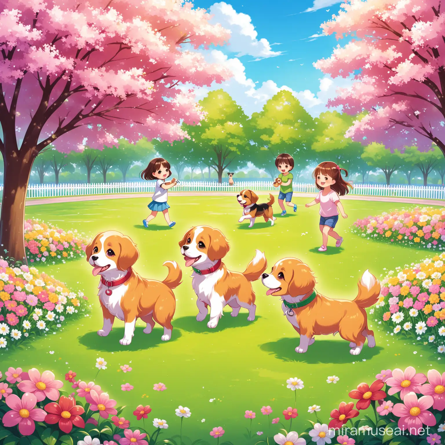 Can you create a picture with three cute dogs in a park. The park is full of flowers and children playing.