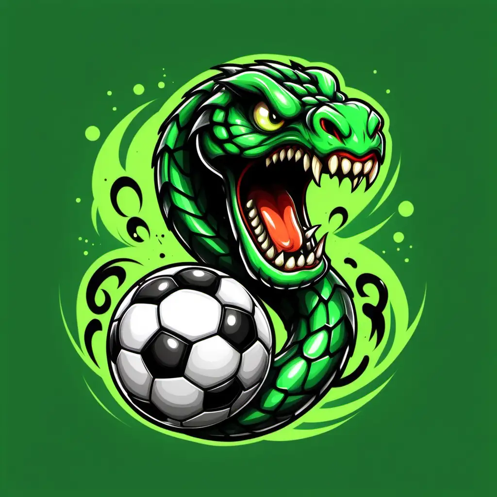 cartoon style, green, black angry serpent with soccer ball, transparent background