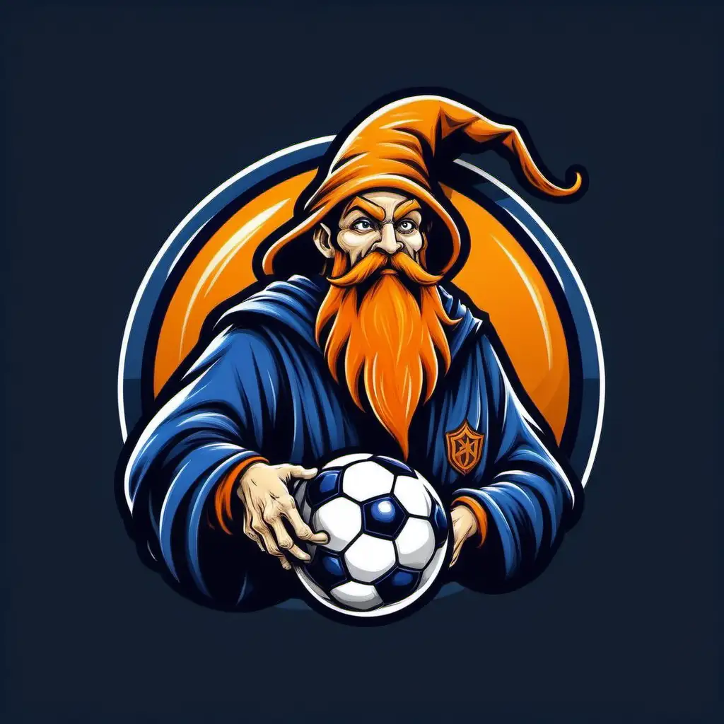 design a logo of a wizard and a soccer ball. The wizard should have an orange beard and muscles. no writing in the logo, only the wizard and the ball
