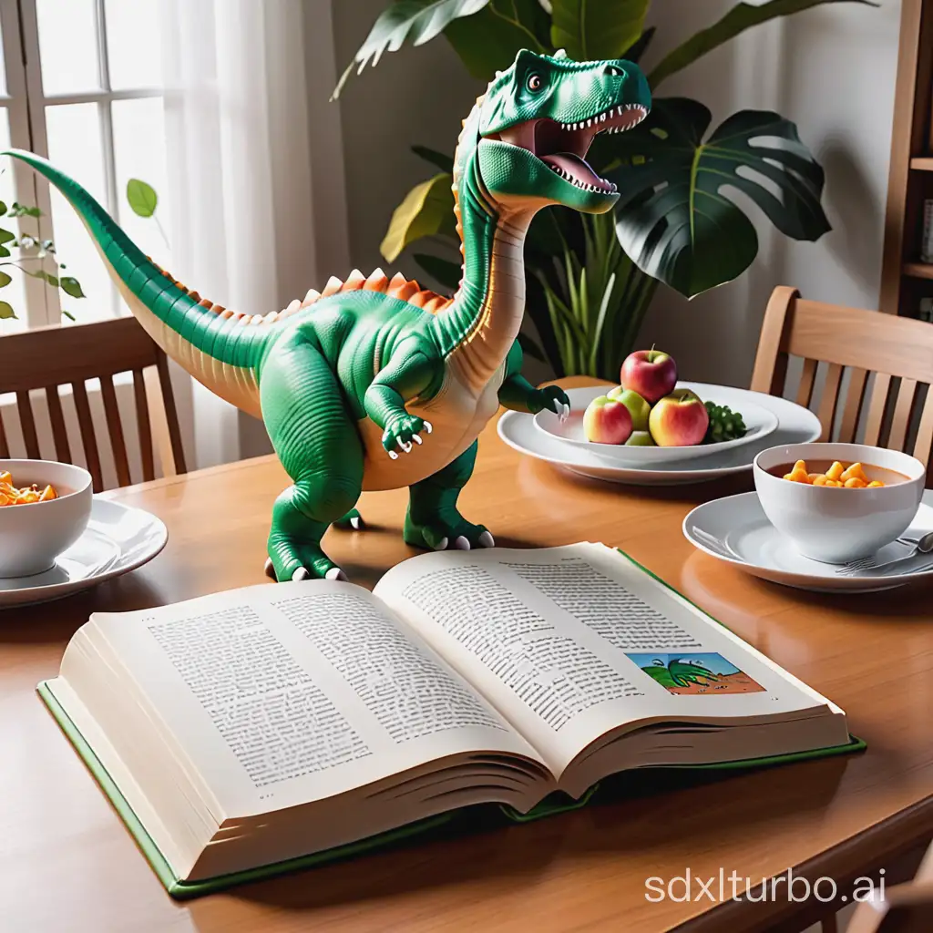 a dinosaur book opened on a dining table