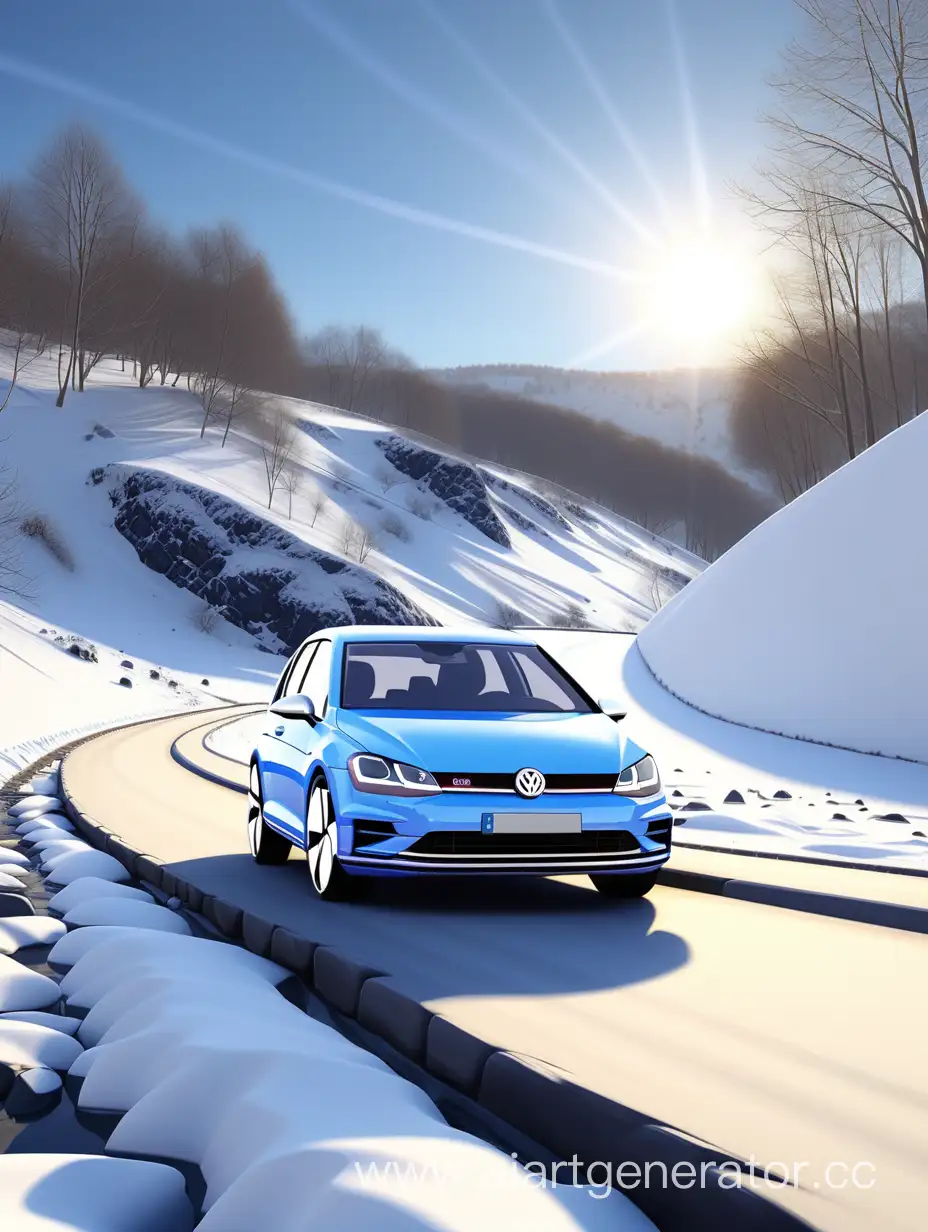  Бело-голубой Volkswagen golf едет по красивому зимнему склону а на горизонте замерзшая река и солнце и идёт снег