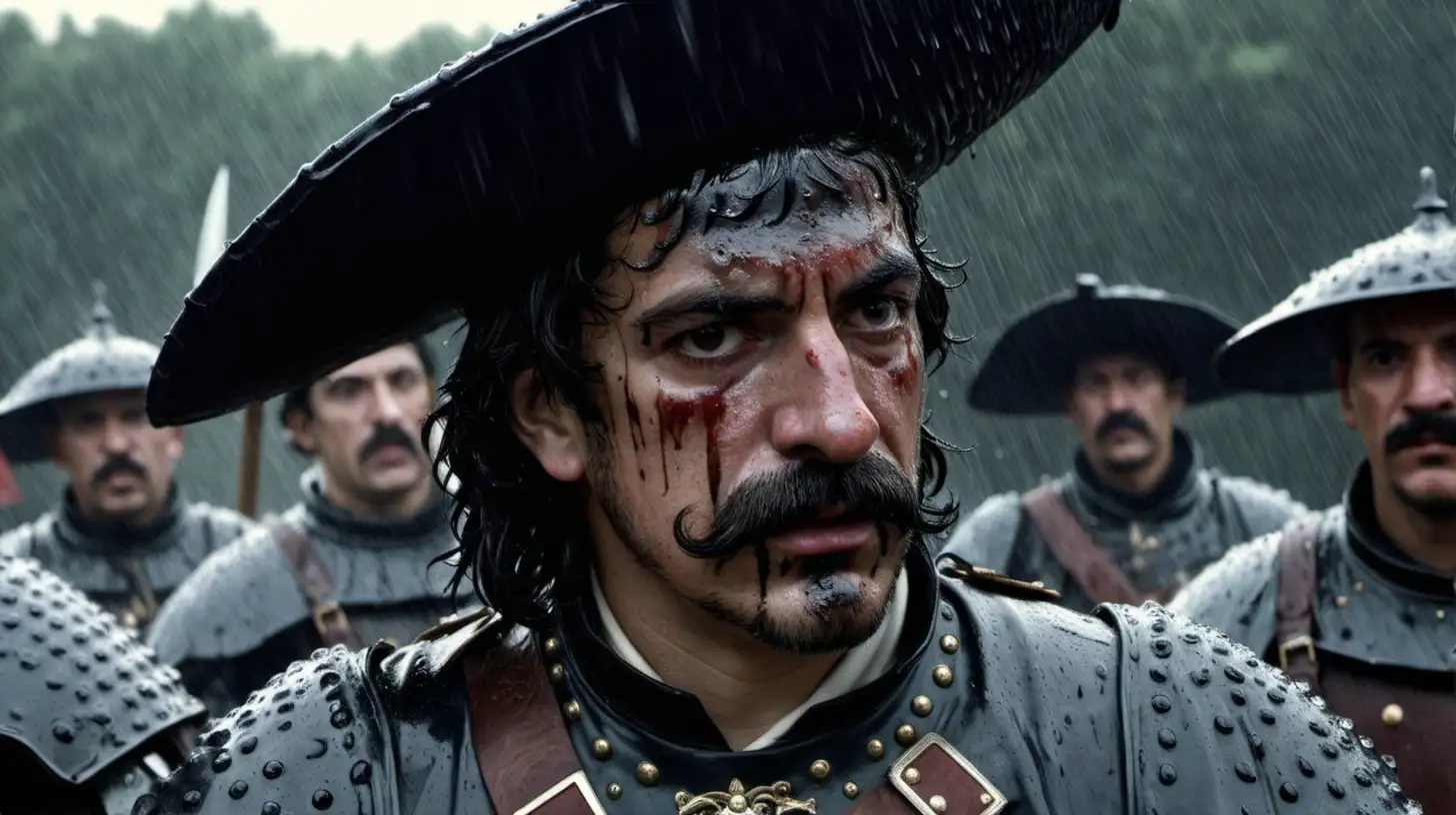 Soldado de los tercios españoles del siglo XVI en primer plano con bigote , lluvia, la cara manchada, el pelo mojado