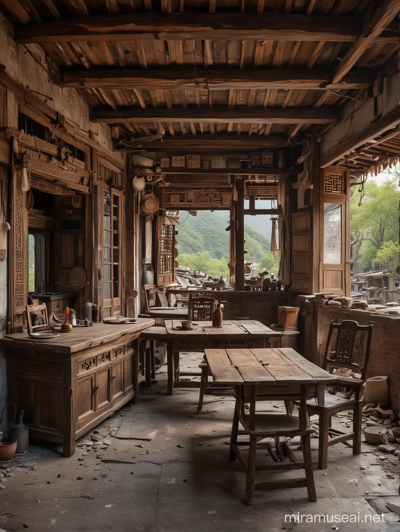 中国风山寨，破旧的室内，有一个破旧的寨主桌子，正面，全景，高品质，多细节，高清