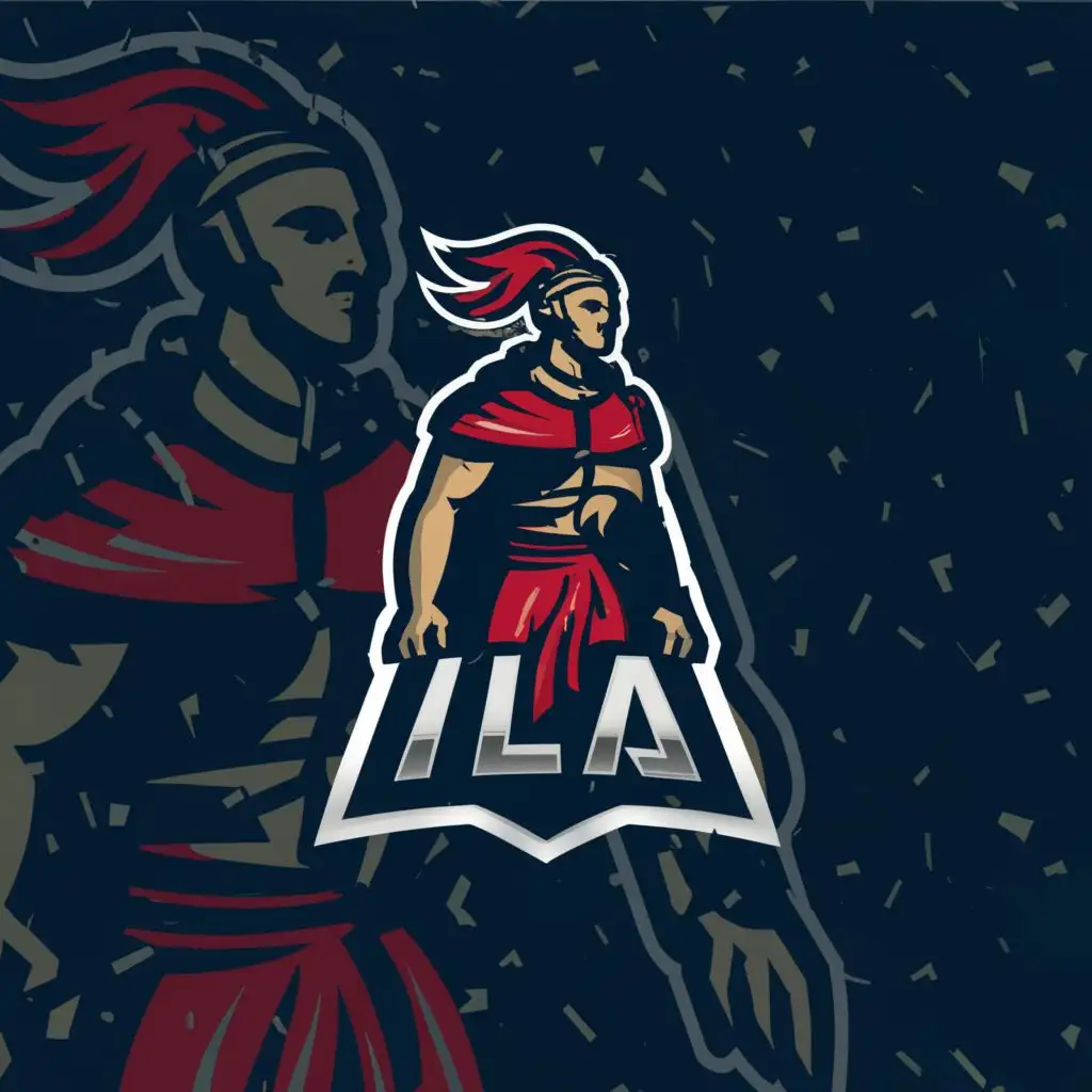 a logo design,with the text "ILA", main symbol:Sports League logo with a red and blue unevenly split background, a white silhouette of an ancient roman senator with a plumed Galea helmet, replace baseball bat with a sword and shield,Minimalistic,be used in Entertainment industry,clear background