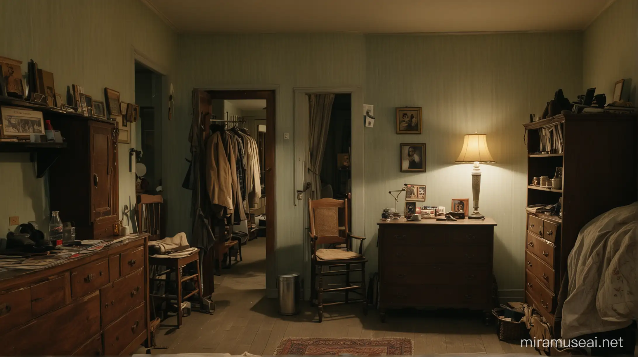 an old man's room with old furniture, memorabilia, a walker at night
