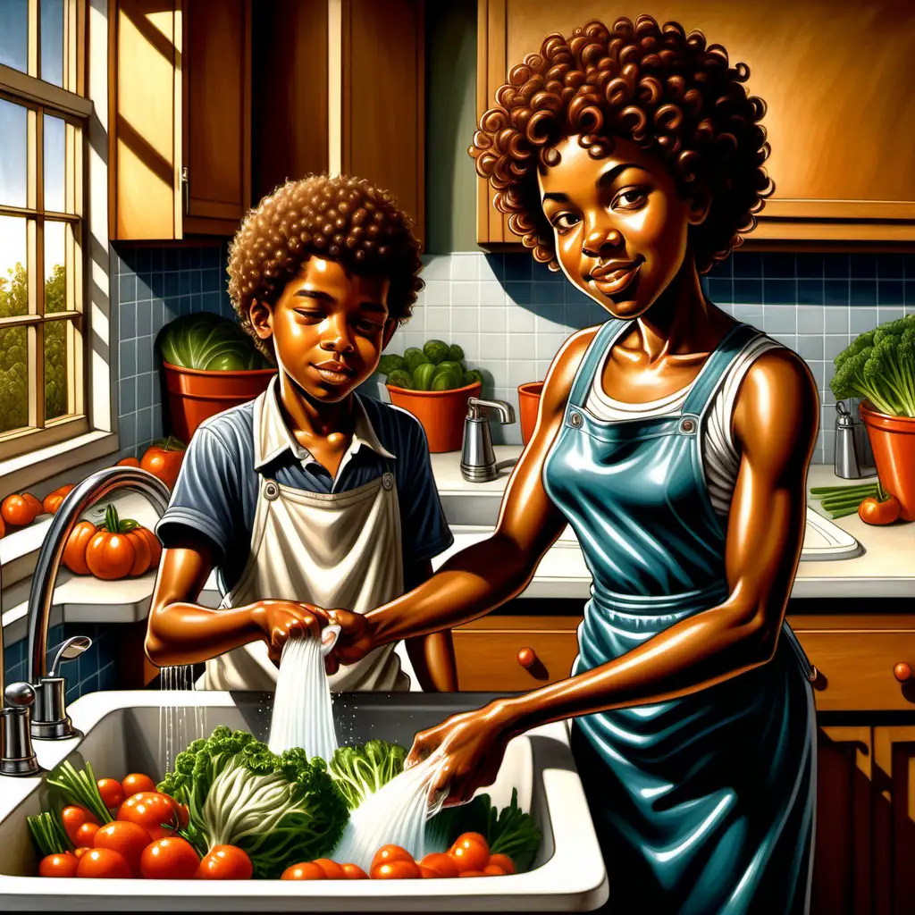 Ernie Barnes style cartoon african american 10 year old boy with curly hair helping his mother wash vegetables