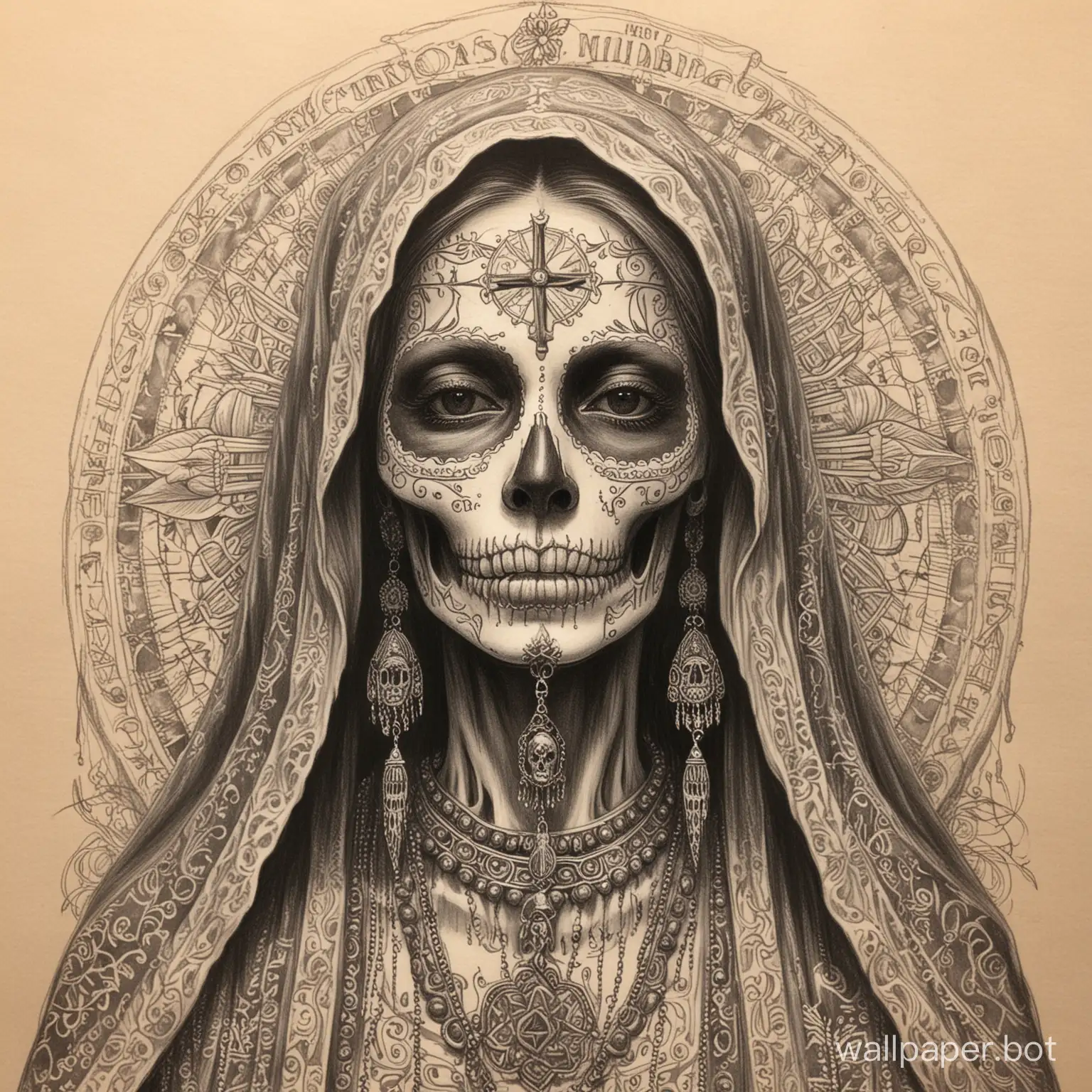 Chicano-Artists-Sketch-of-Santa-Muerte-with-Traditional-and-Modern-Elements