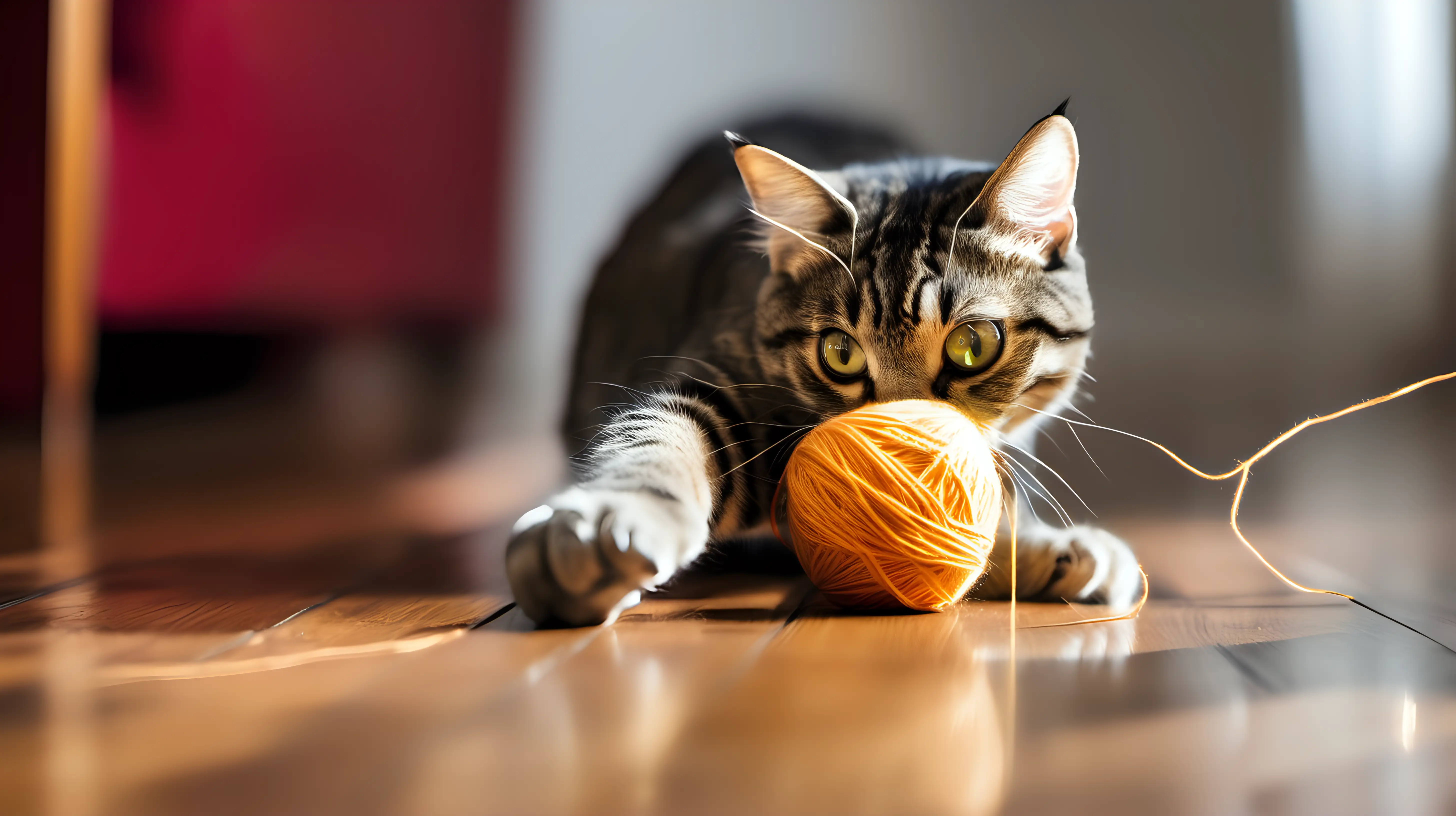 Curious Cat Playing with Yarn on Hardwood Floor
