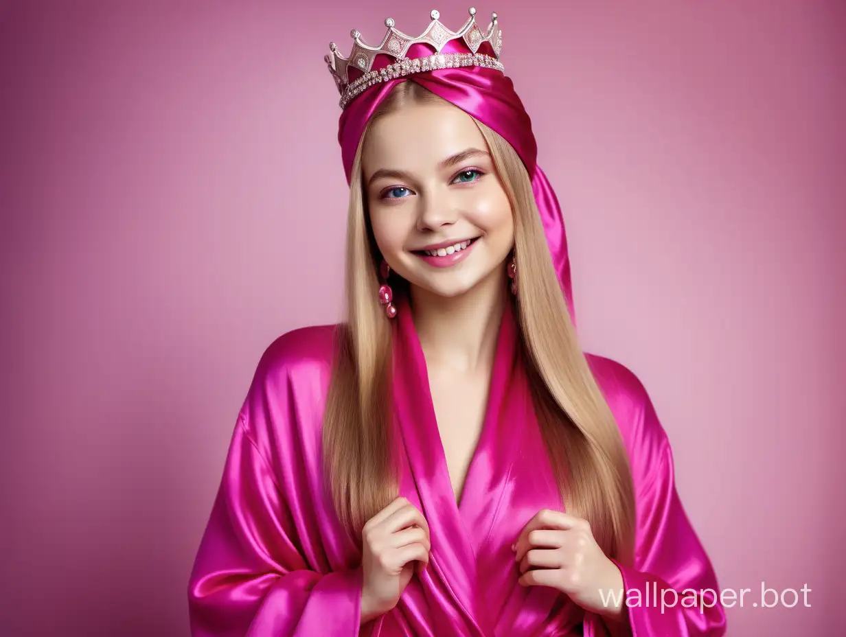 Glamourous portrait of sweet, young, gentle, sunny queen Yulia Lipnitskaya with long straight silky hair Smiling in Luxurious Pink fuchsia Silk robe with pink fuchsia silk towel turban and crown on the head