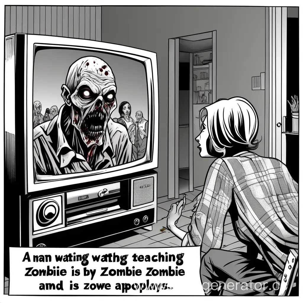 мужчина смотрит телевизор, женщина рассказывает про зомби апокалипсис  
