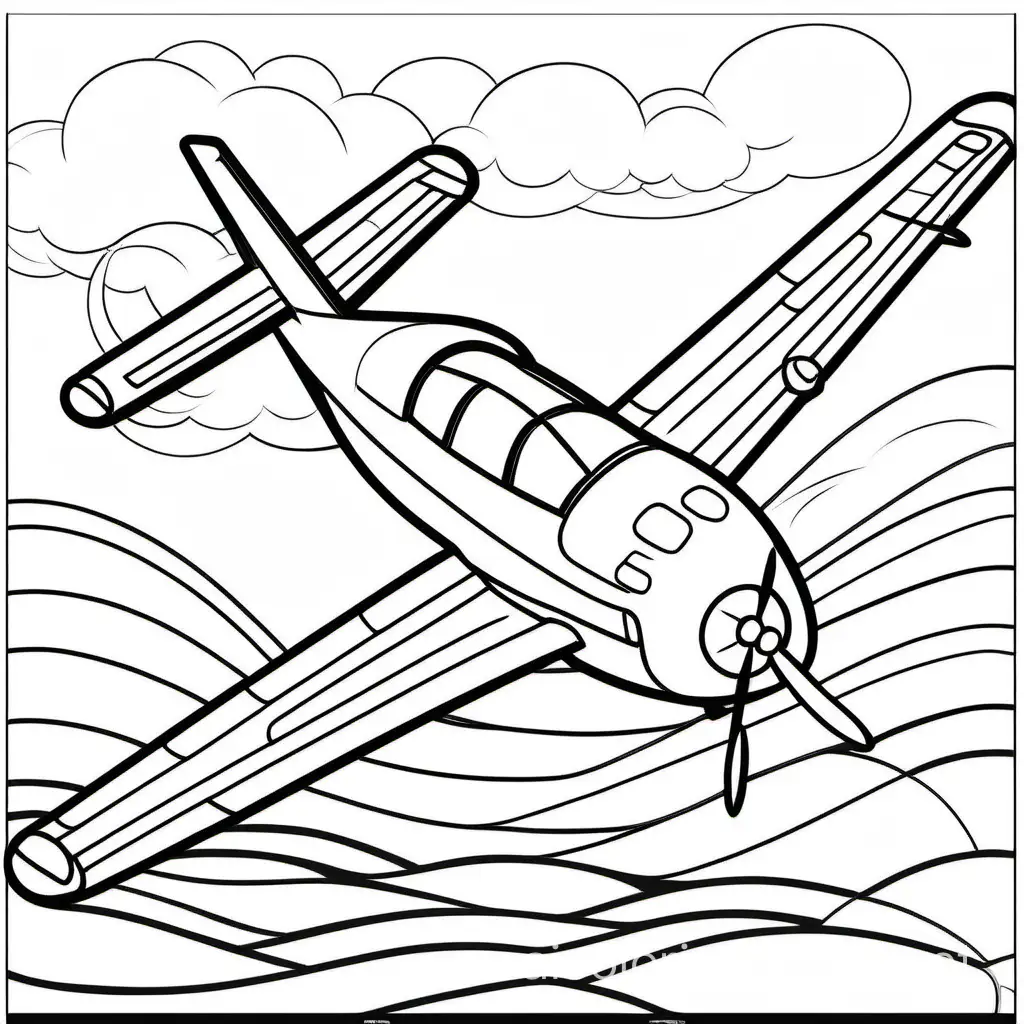 airplane coloring book, Coloring Page, black and white, line art, white background, Simplicity, Ample White Space. The background of the coloring page is plain white to make it easy for young children to color within the lines. The outlines of all the subjects are easy to distinguish, making it simple for kids to color without too much difficulty