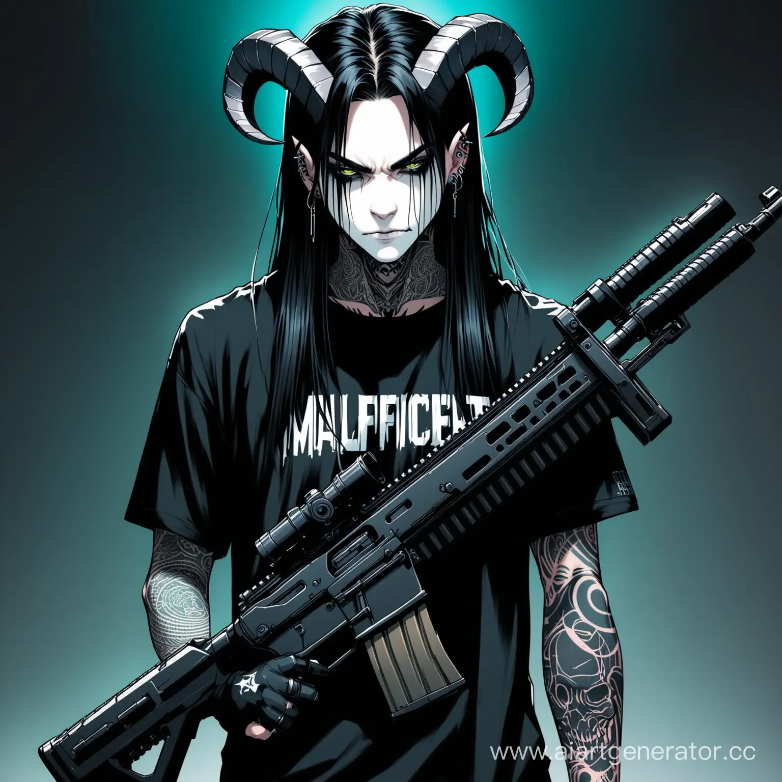 Cyberpunk-Style-Young-Man-with-Face-Tattoos-and-Horns-Wielding-a-Rifle
