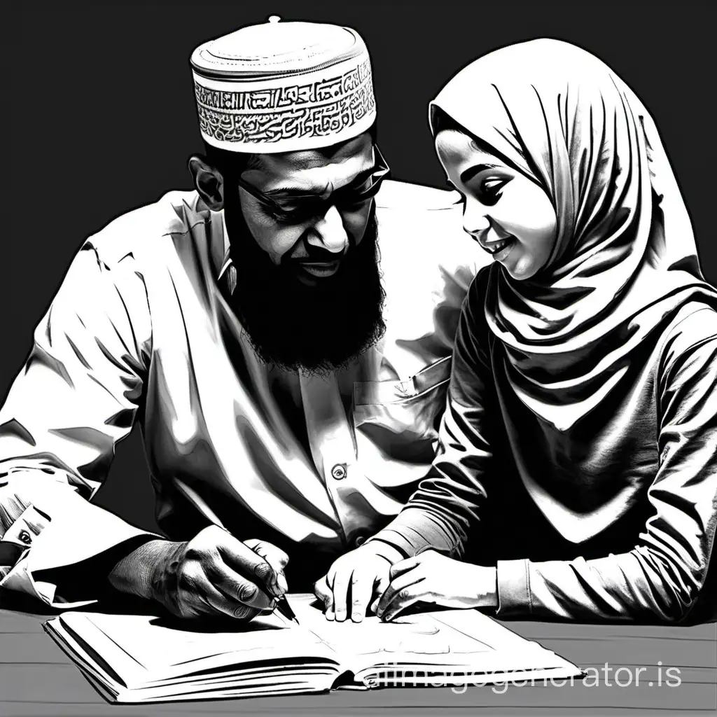 Create A Muslim father advises his young daughter, Black and White art Drawing