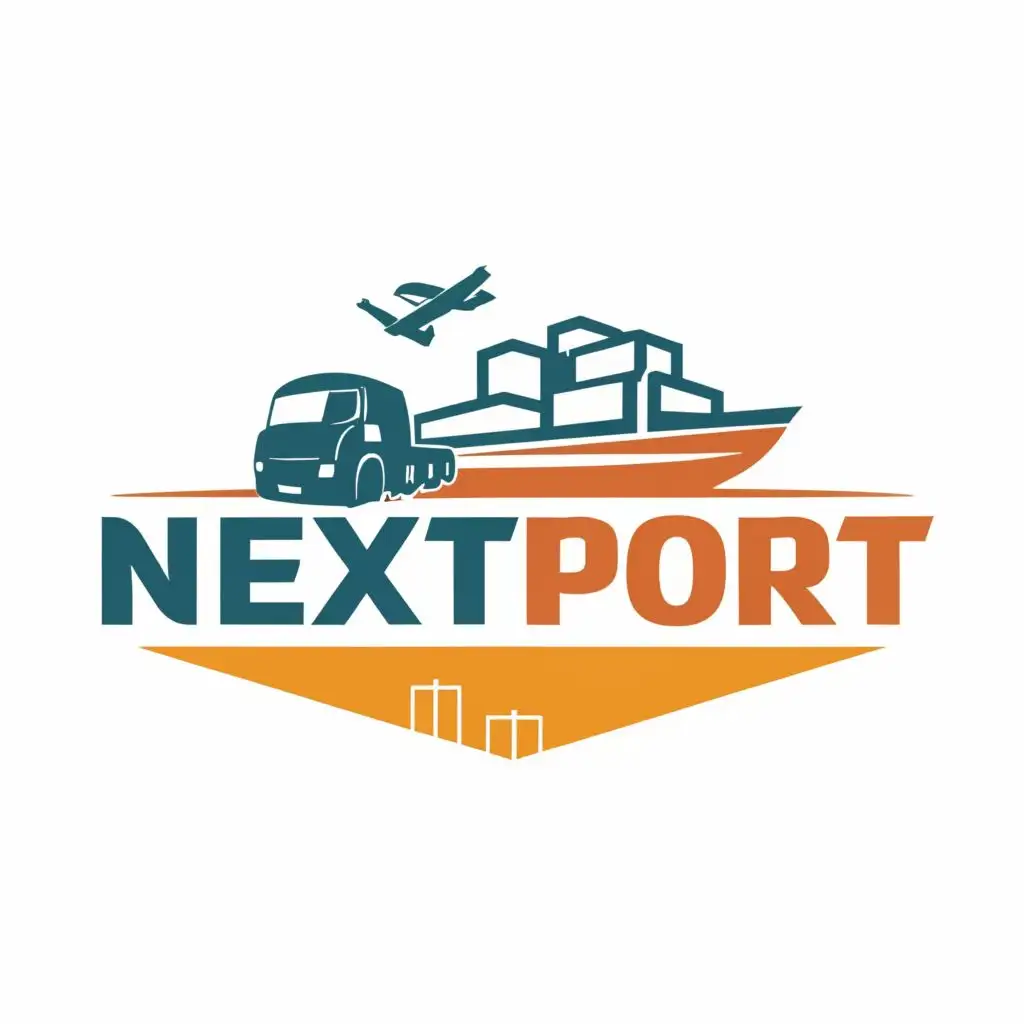 logo, cargoship, flight and Transport truck, with the text "NEXTPORT", typography