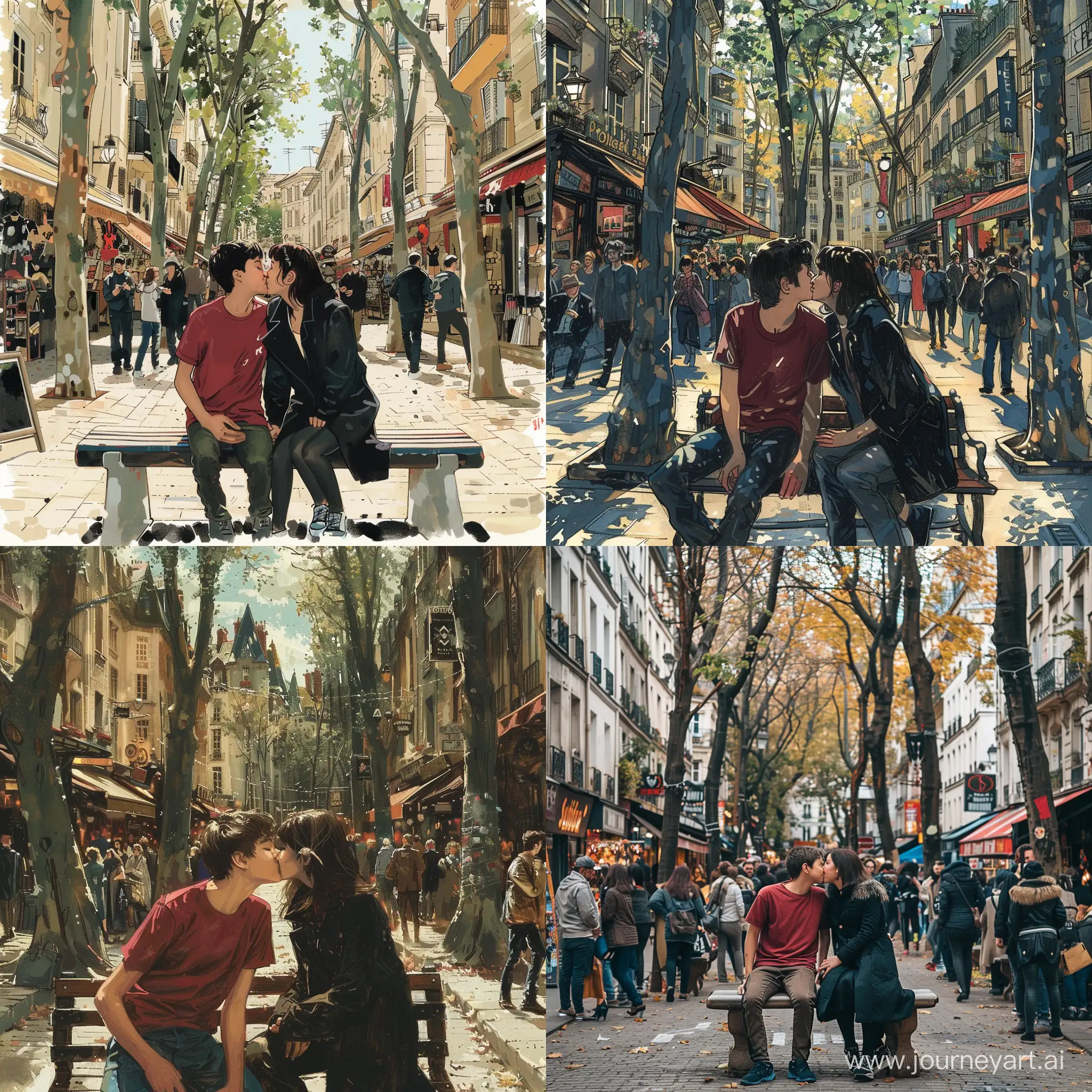 The street is paved with paved and pedestrian passages، and around tall trees، and there are shops on both sides of the street، and in the middle of the street on the bench a boy in a crimson t-shirt and a girl in a black overcoat kissing in the crowd. Girl and boy seating
