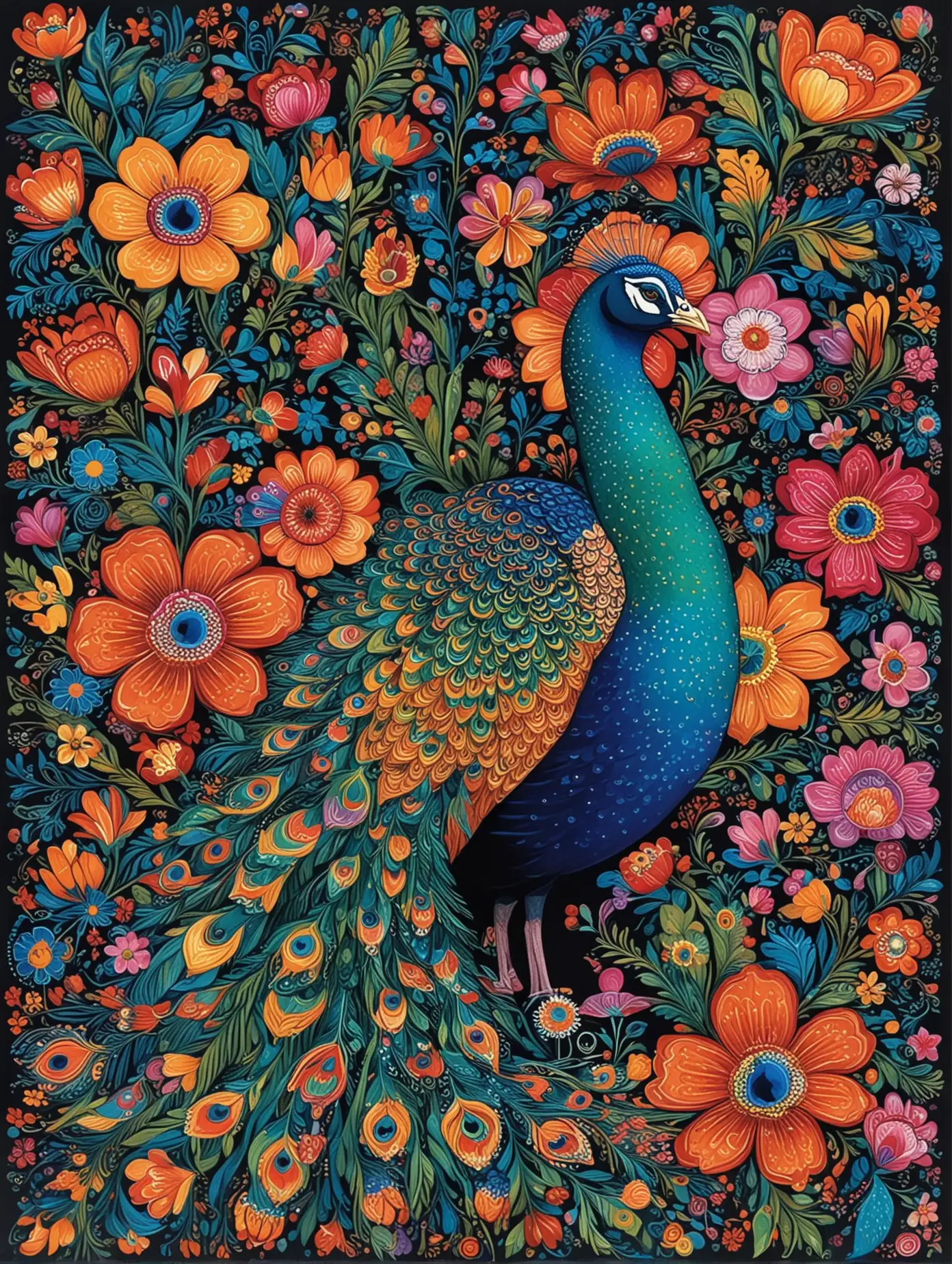 A beautiful peacock with long vibrant flowers in folk art style