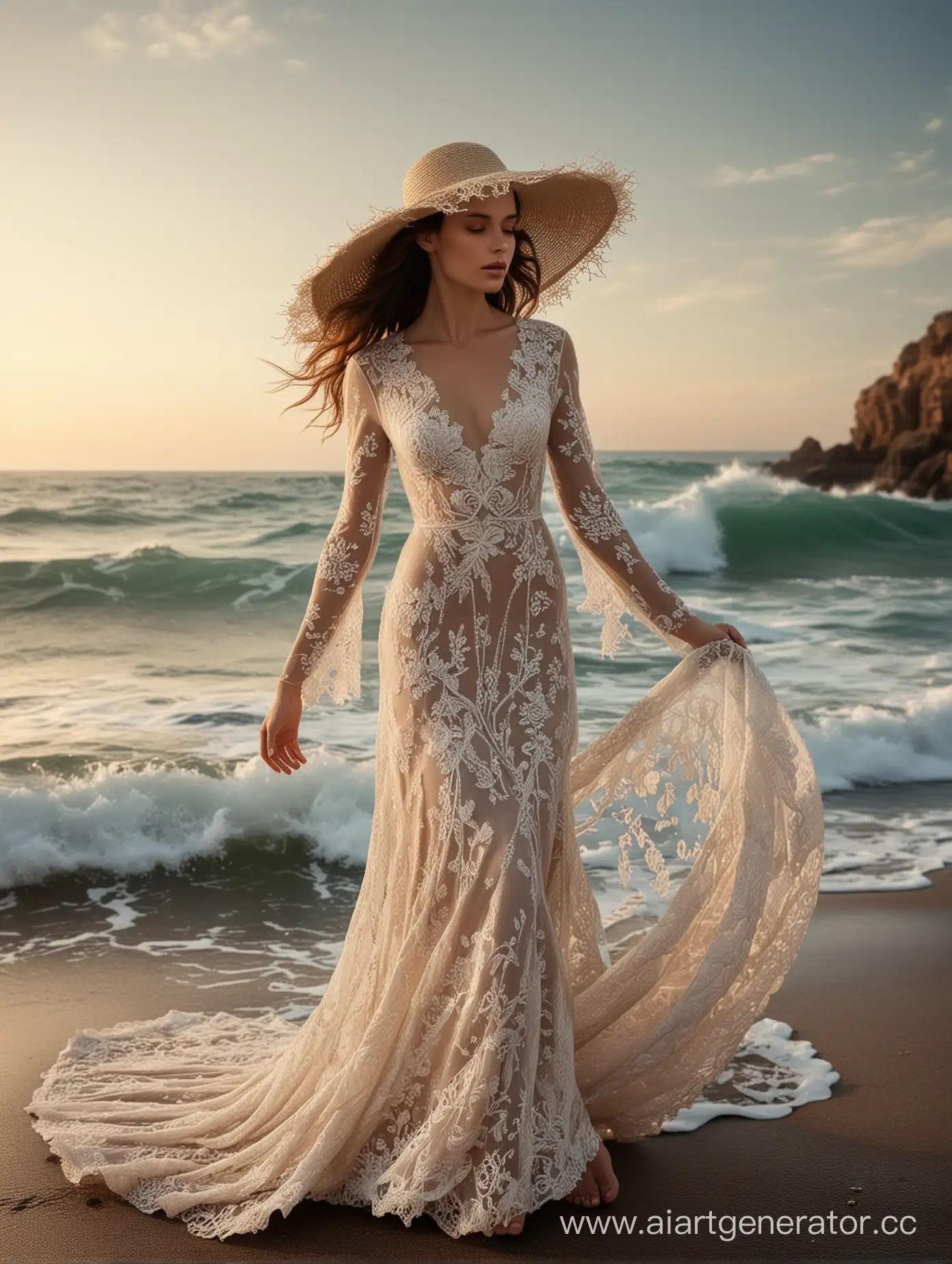on the ocean shore, against the backdrop of a summer dawn, a beautiful model stands in a lace long dress and a wide-brimmed hat, in the style of Ellie Saab and Alessandro Sartori, the dress is blown by the wind, the ocean beats picturesquely with waves, rocks, professional photo, luxury, bohemian, atmospheric, beautiful, Spanish lace, photo in the style of Annie Leibovitz