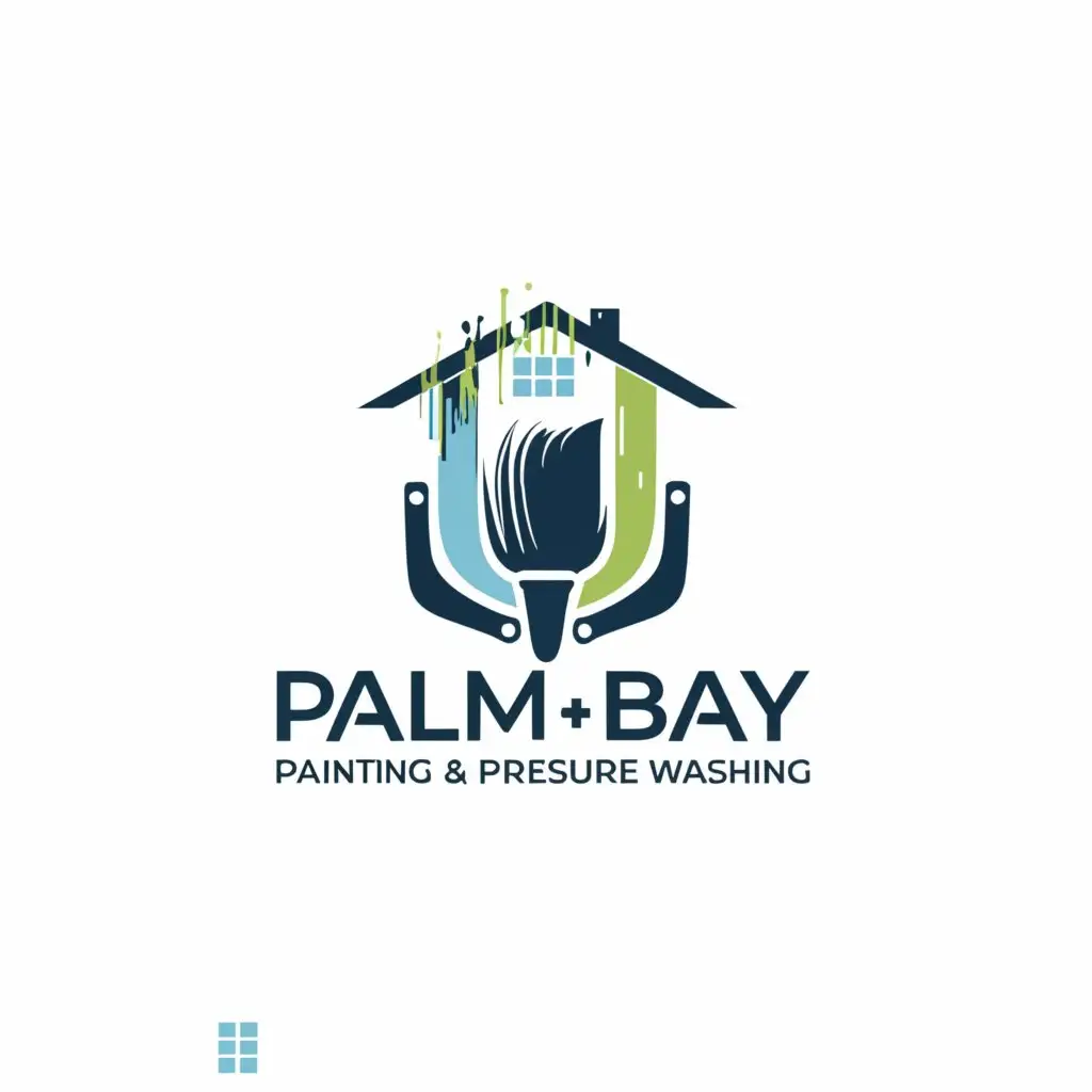 a logo design,with the text "Palm Bay Painting & Pressure Washing", main symbol:A house and a paint brush,Moderate,be used in Construction industry,clear background