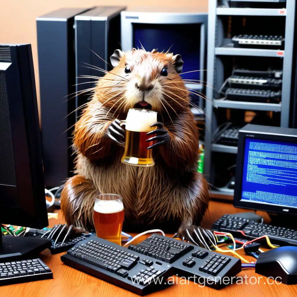 Beaver-Enjoying-a-Beer-Break-Amidst-Computer-Chaos