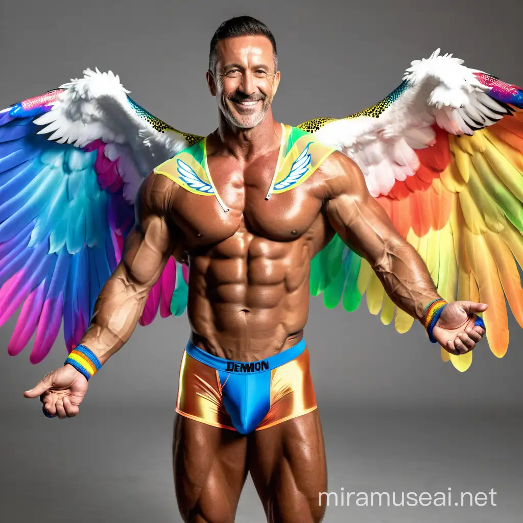 Ultra Beefy Bodybuilder Daddy Flexing Big Strong Arm in RainbowColored Jacket with Eagle Wings