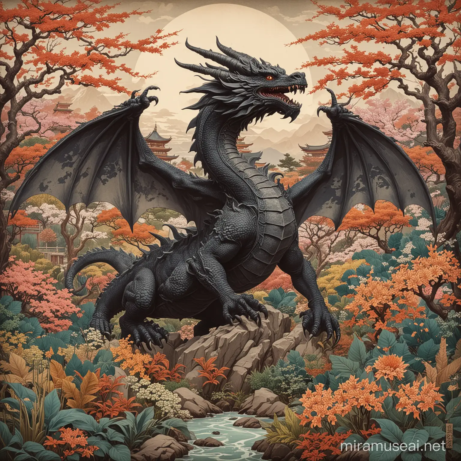 Camazotz DEADLY GOD OF BATS,The image is a statue of a dragon.ukiyo-e art,The image is a collage of a park featuring various elements such as plants, flowers, trees, and child art. It includes a mix of text, painting, drawing, and illustration.