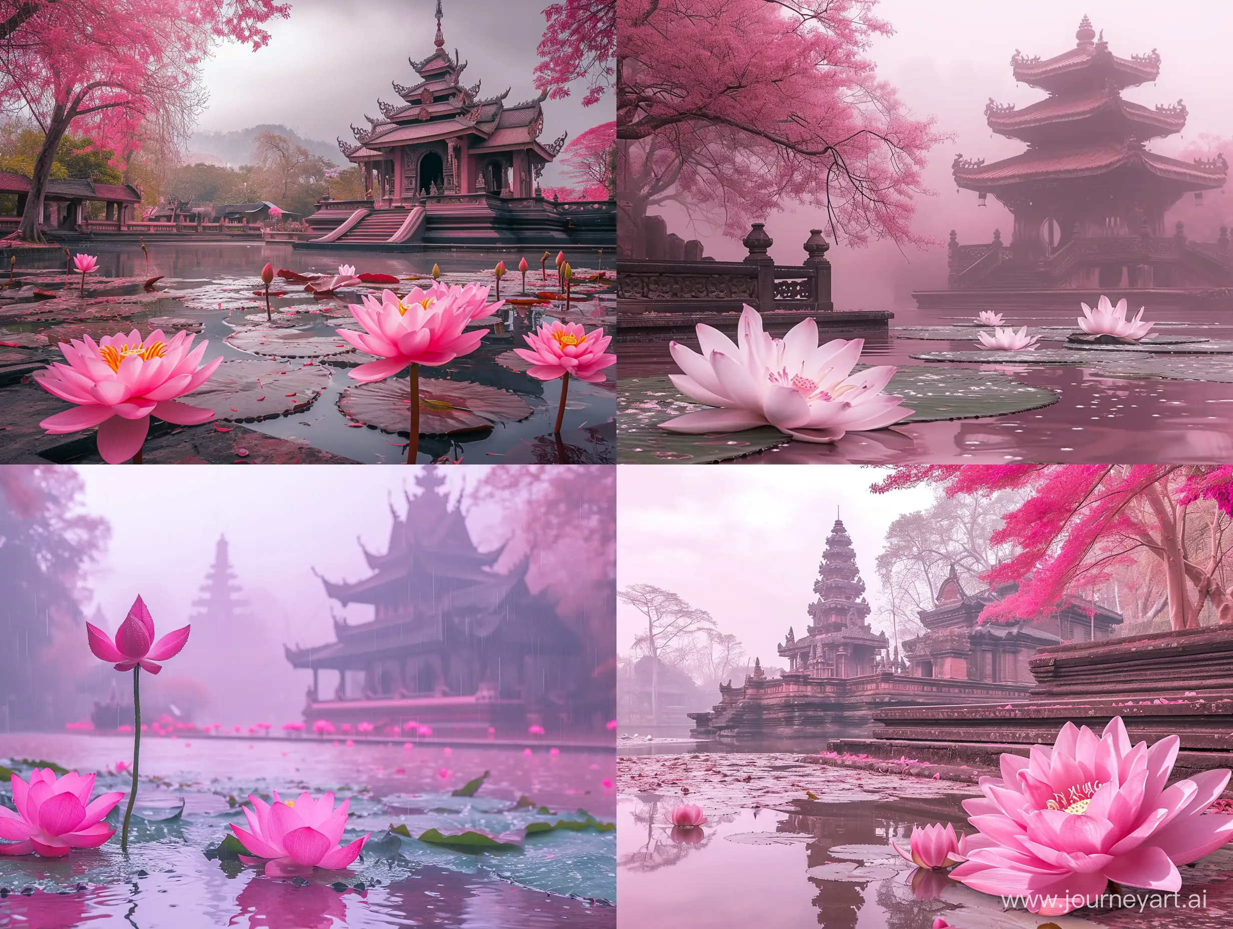 in front side of mandir lotus in river , pink weather ,scenery in a mandir
