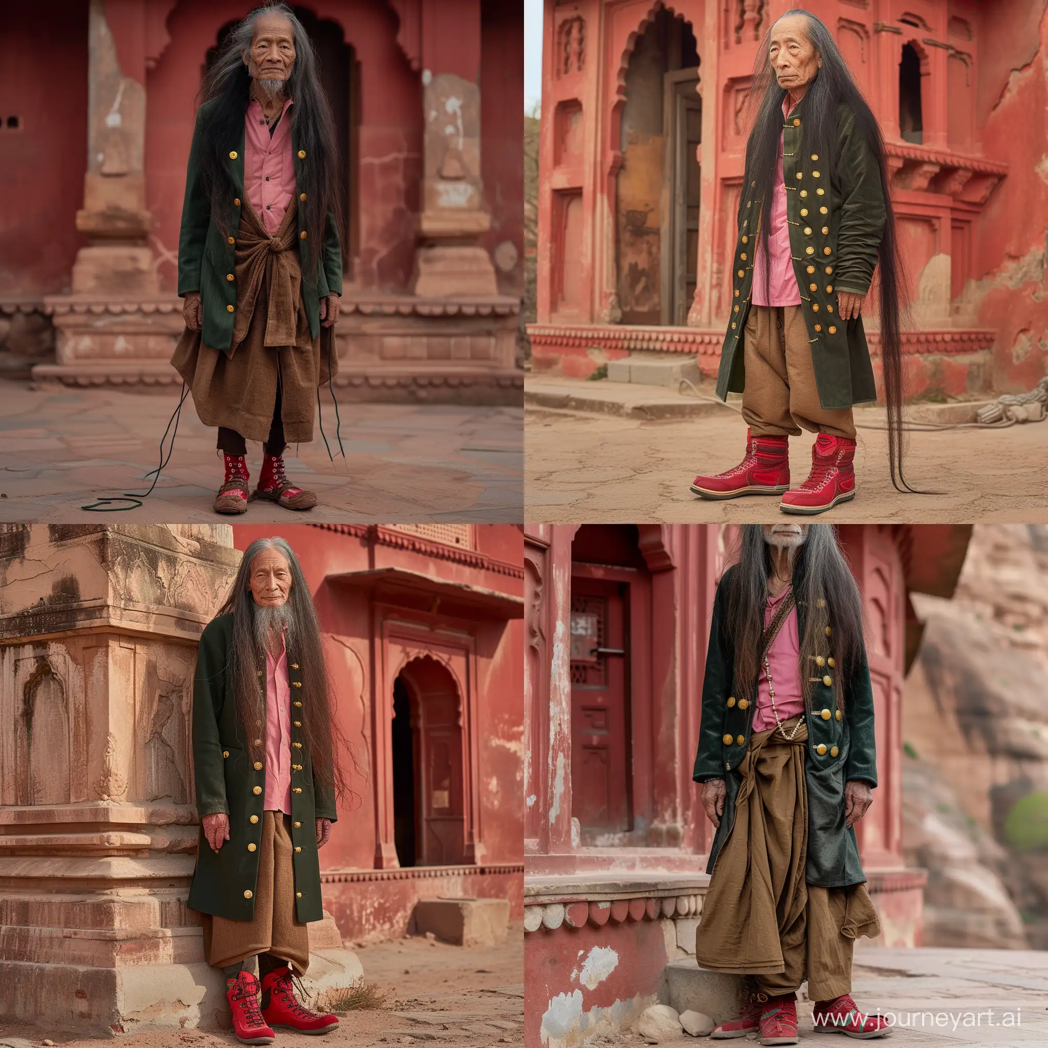    a very thin 80 years old japanees man long hair wearing a dark green jacket   with golden buttons a pink shirt  and a brown cloth   and red mountain shoes standing before light 
 old red rajasthan   building  total body softlicht and contrast 50mm fuji xt4 fotorealistisch