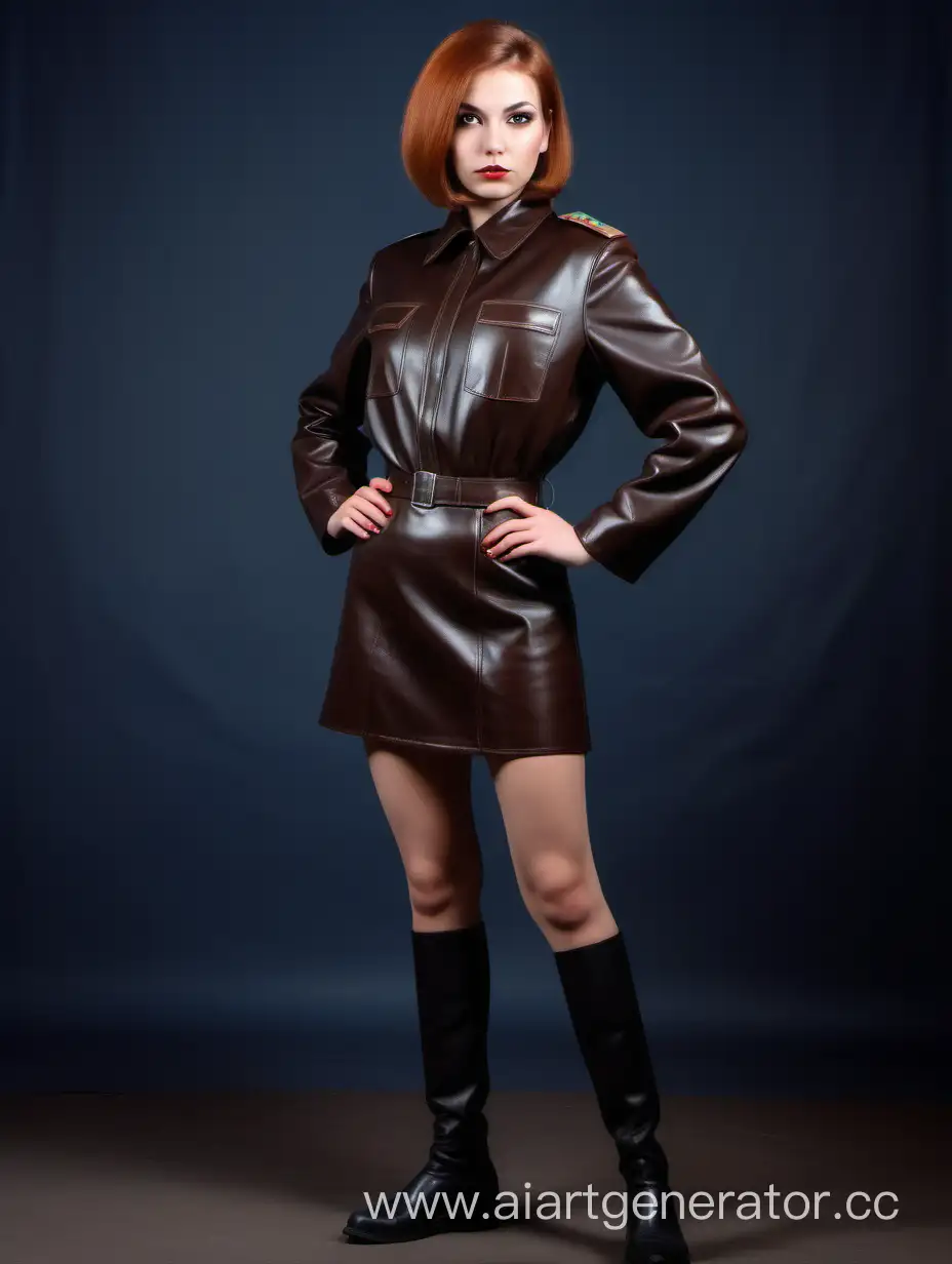 Девушка из КГБ в кожаном мундире с длинными рукавами и голыми коленями и каштановыми волосами каре, полный рост