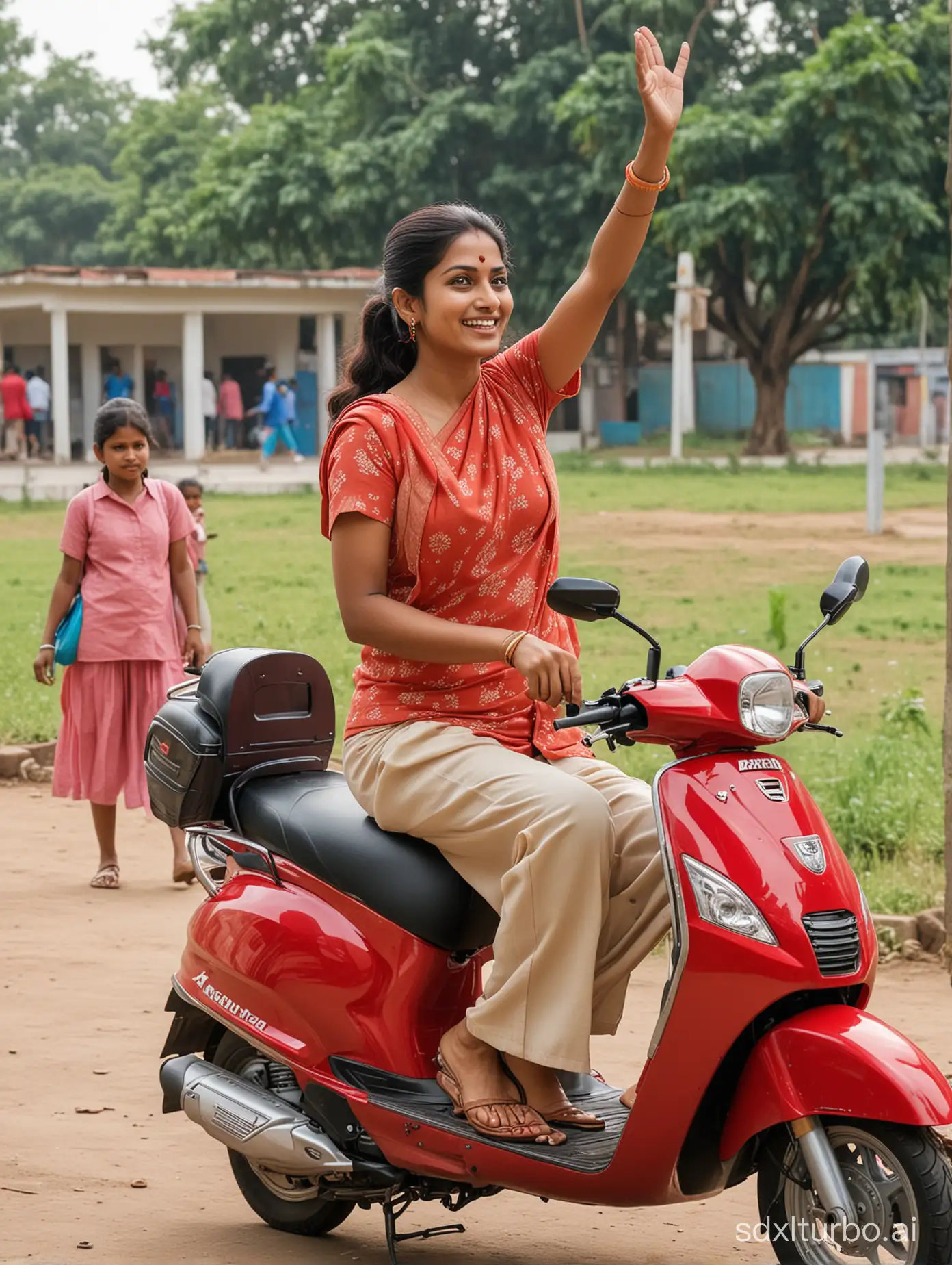 an indian housewife sitting on a honda activa and waving to her daughter who is waving back while entering the school compound. the scooter is red in color. the school is situated in a semi-urban area with other kids seen walking in the background. there are other parents too, dropping their kids and waving at them.