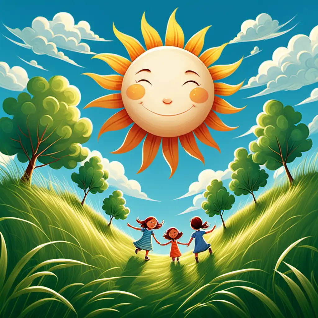Flat art, children's book, cute, sun, green nature, trees, blue sky, clouds, tall grass swaying