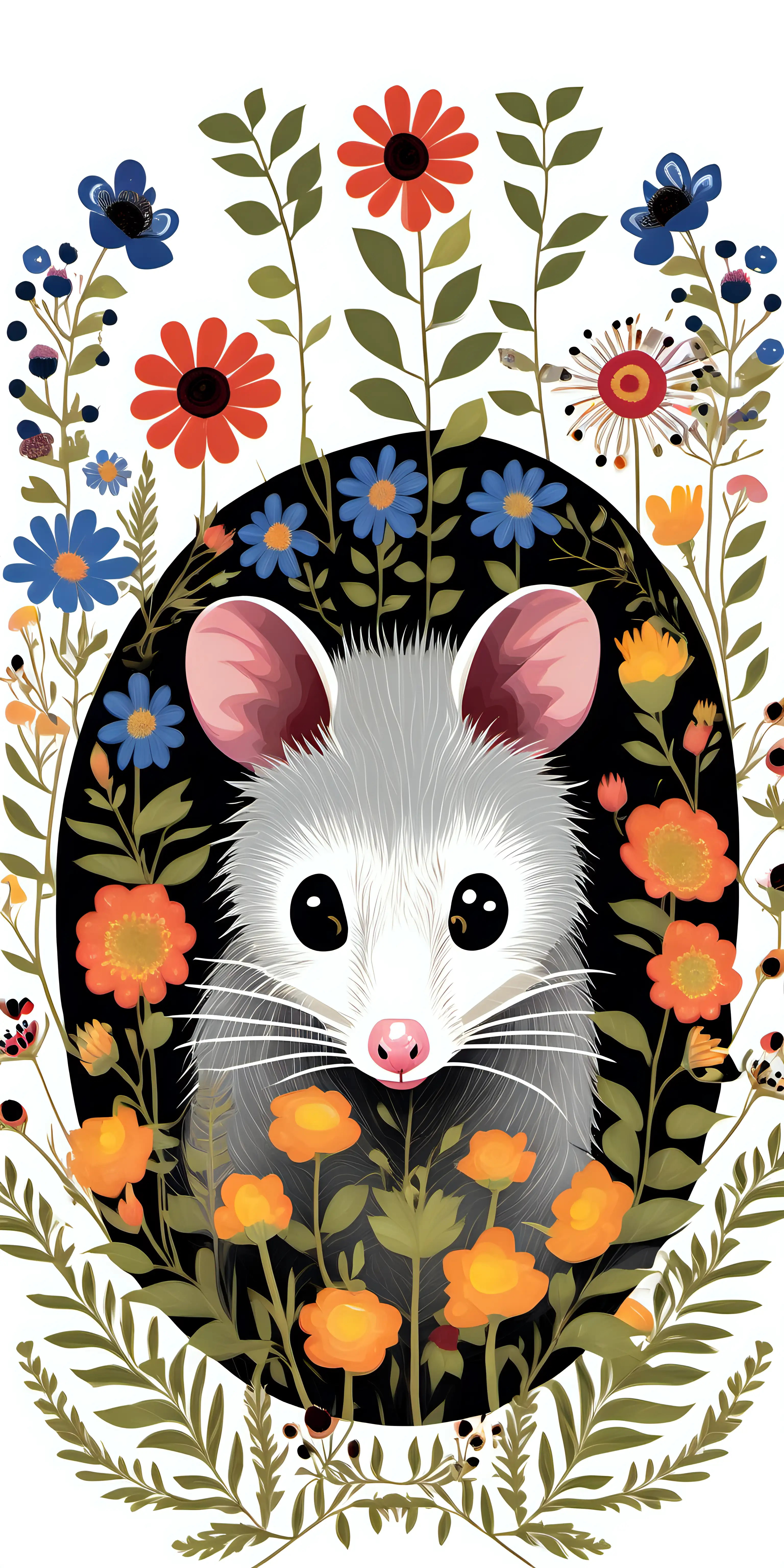 folk art illustration of a possum, surrounded with wildflowers, white background