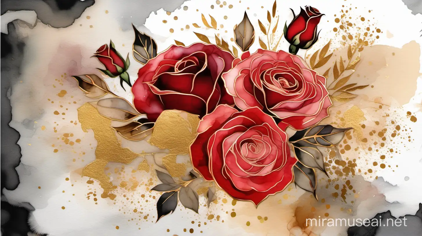 Elegant Red Roses Bouquet Exquisite Watercolor and Alcohol Ink Art