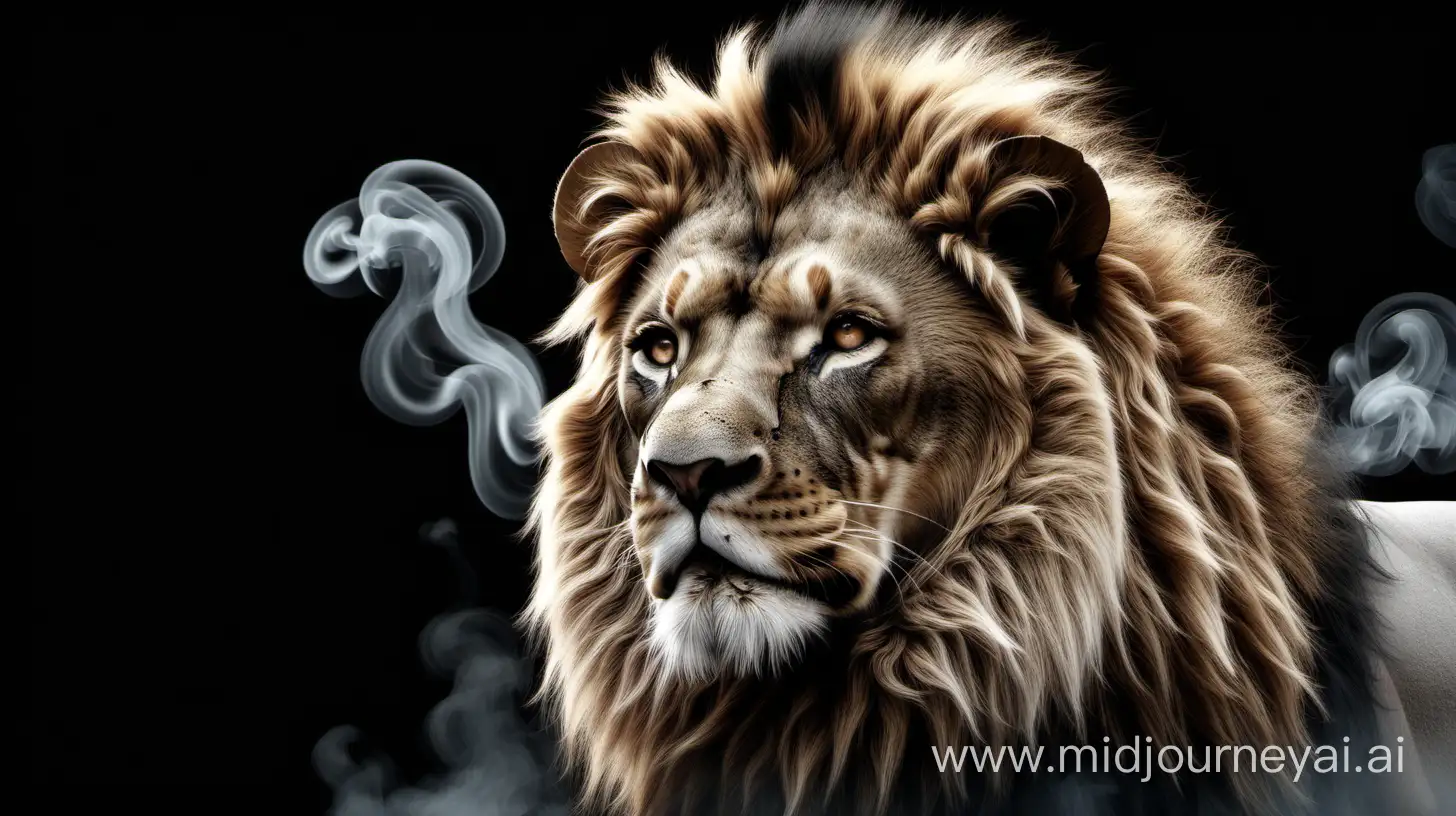 A realistic lion rendered in 3 hyper. Detailed with a cross in the background and smoke black background.